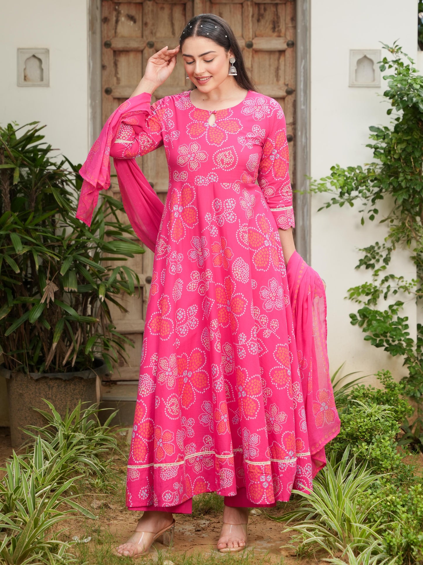 Soft Cotton Bandhani Anarkali Pink Kurta