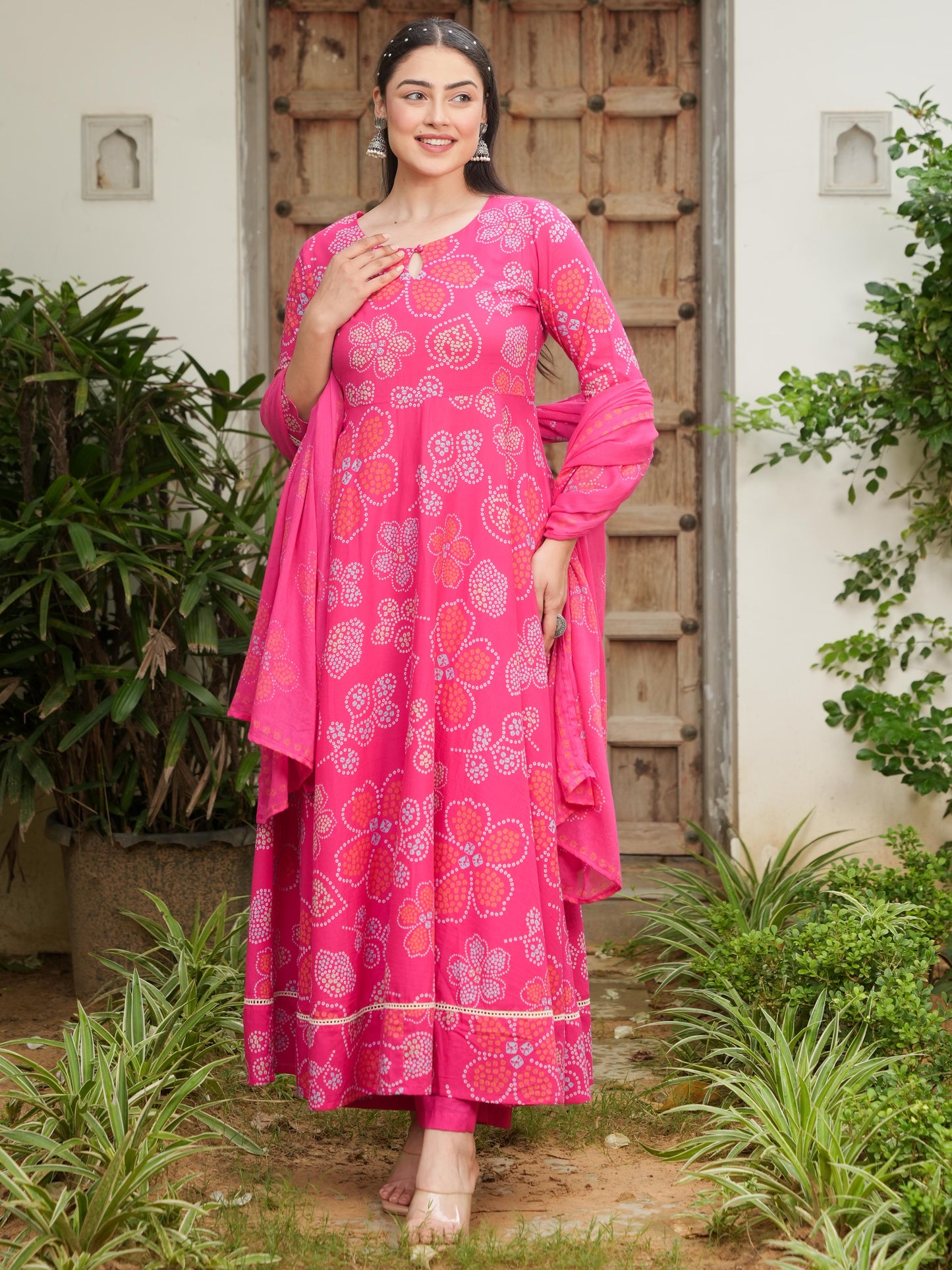 Soft Cotton Bandhani Anarkali Pink Kurta