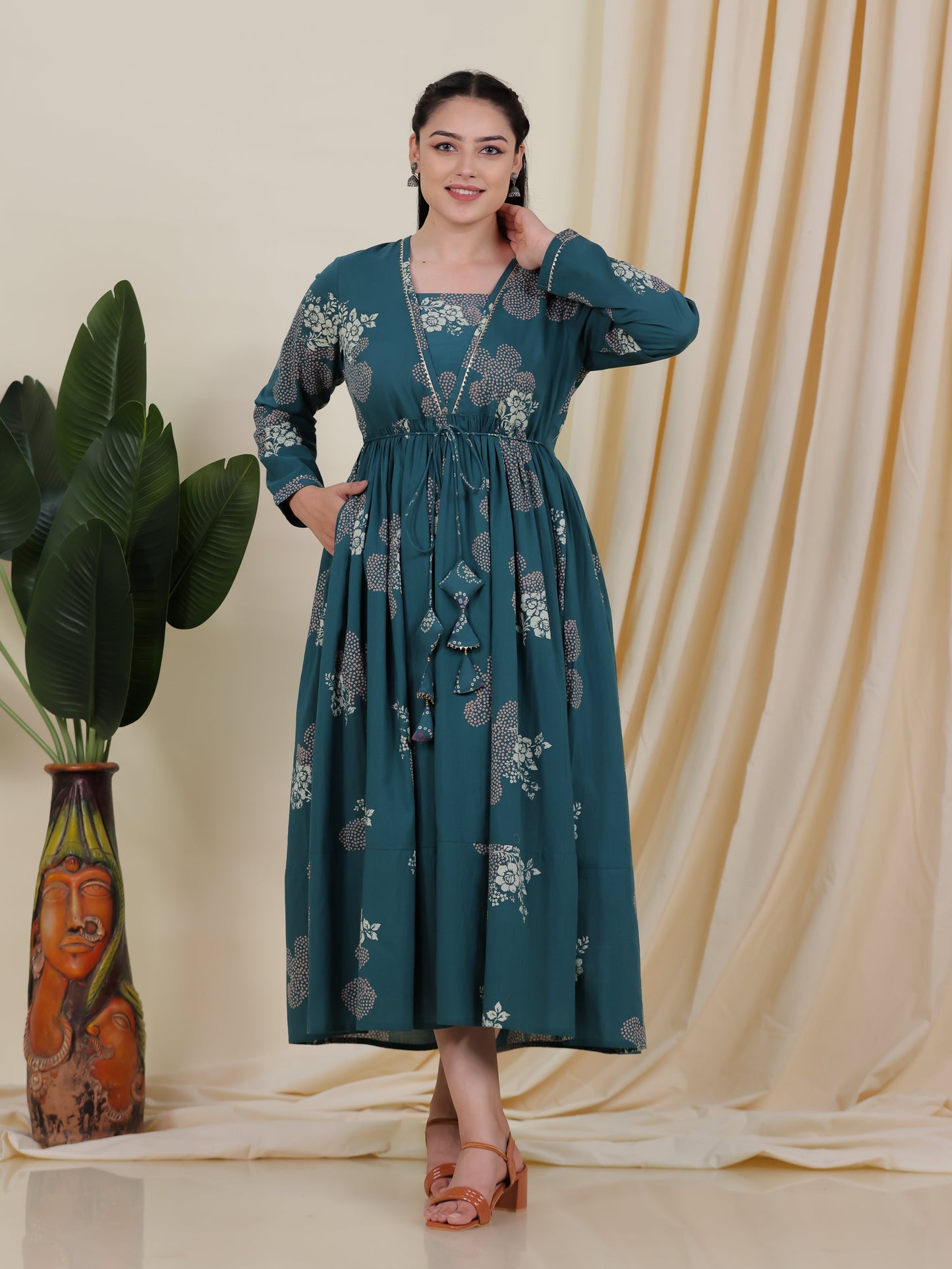 Soft Cotton Bandhani Anarkali Green Dress