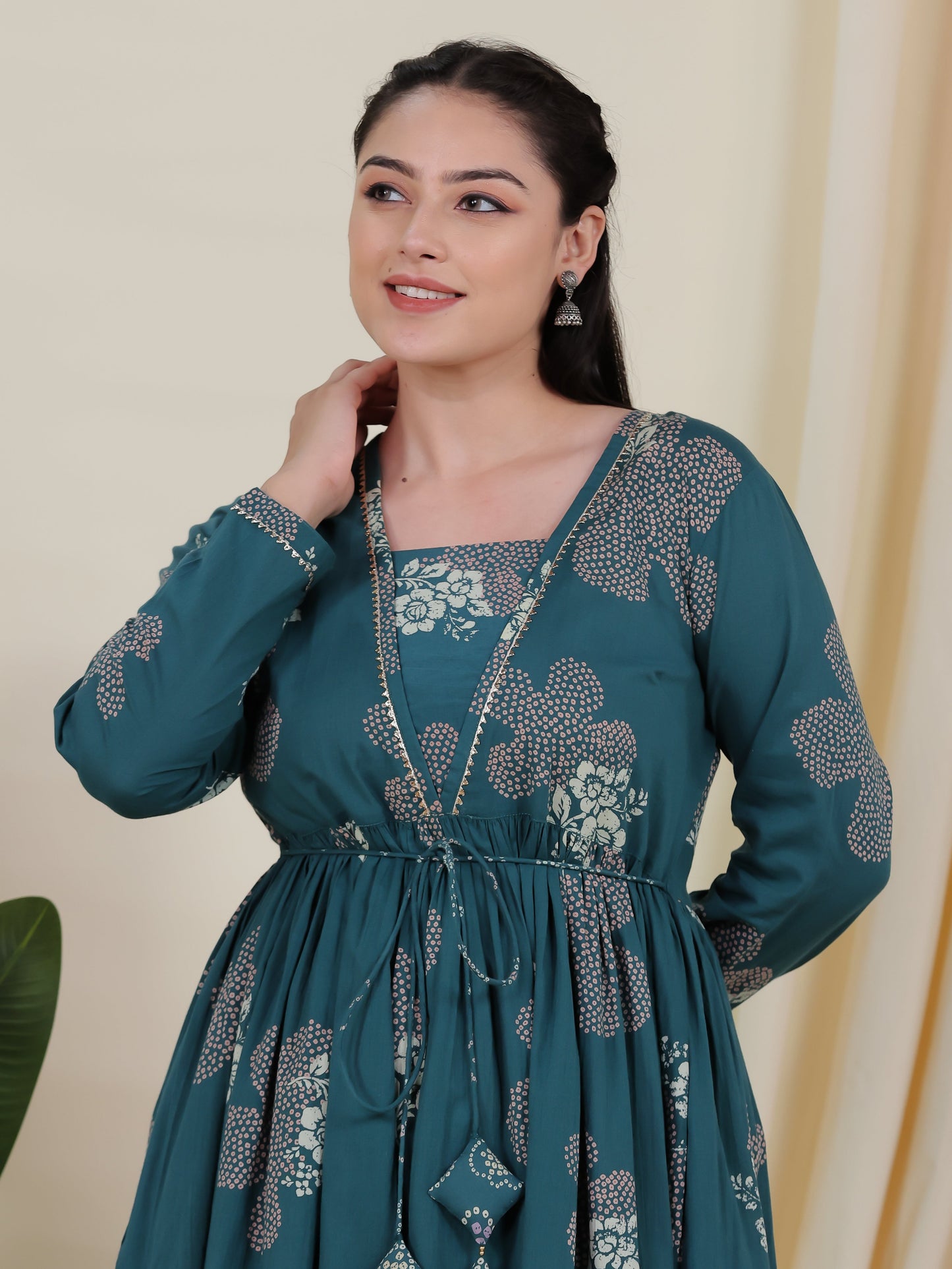 Soft Cotton Bandhani Anarkali Green Dress