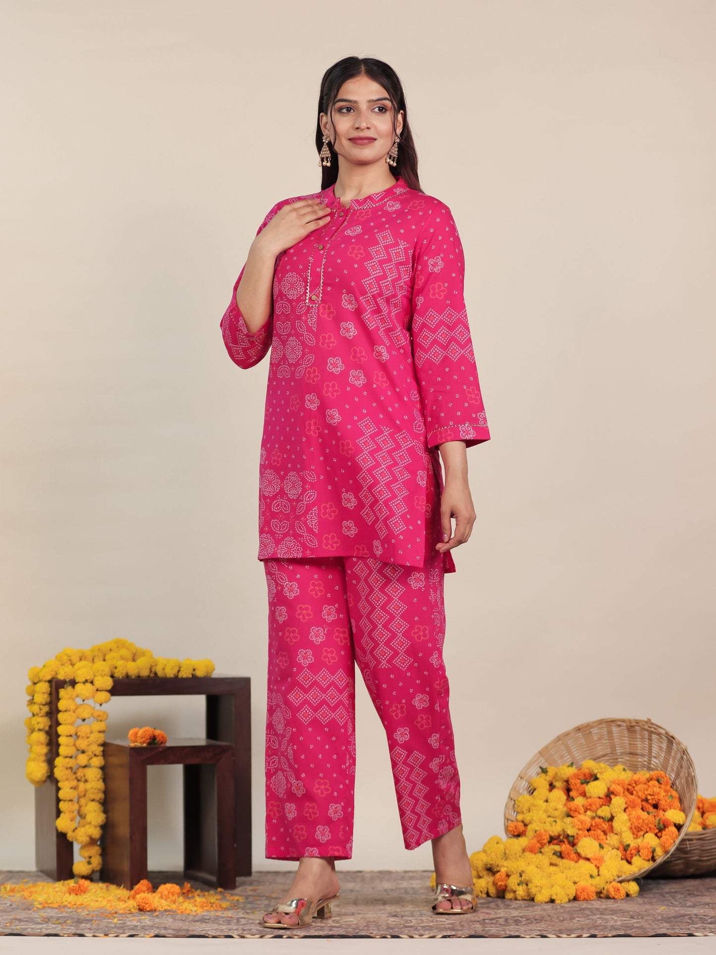 Soft Cotton Bandhani Straight Pink Kurta