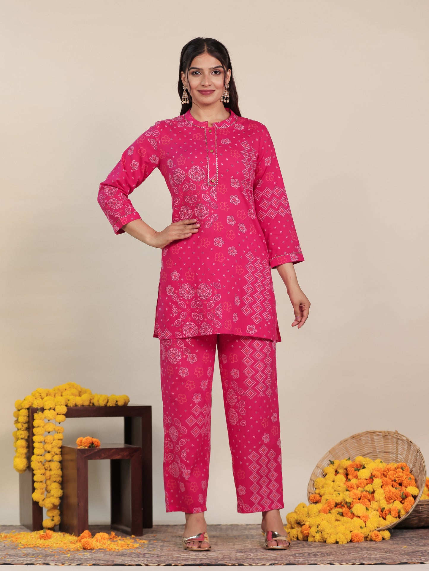 Soft Cotton Bandhani Straight Pink Kurta