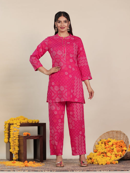 Soft Cotton Bandhani Straight Pink Kurta