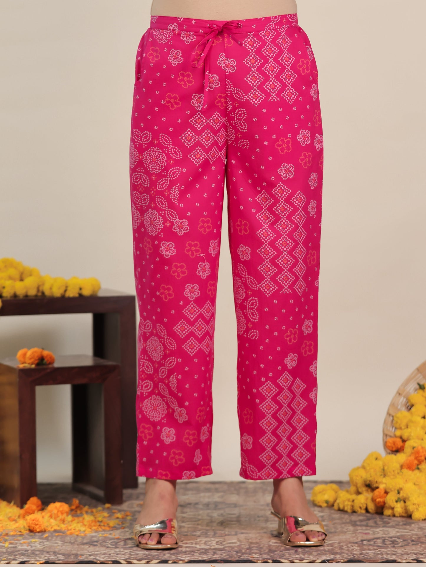 Soft Cotton Bandhani Straight Pink Kurta