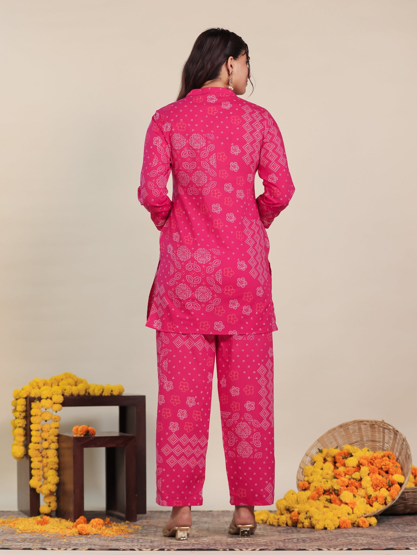 Soft Cotton Bandhani Straight Pink Kurta