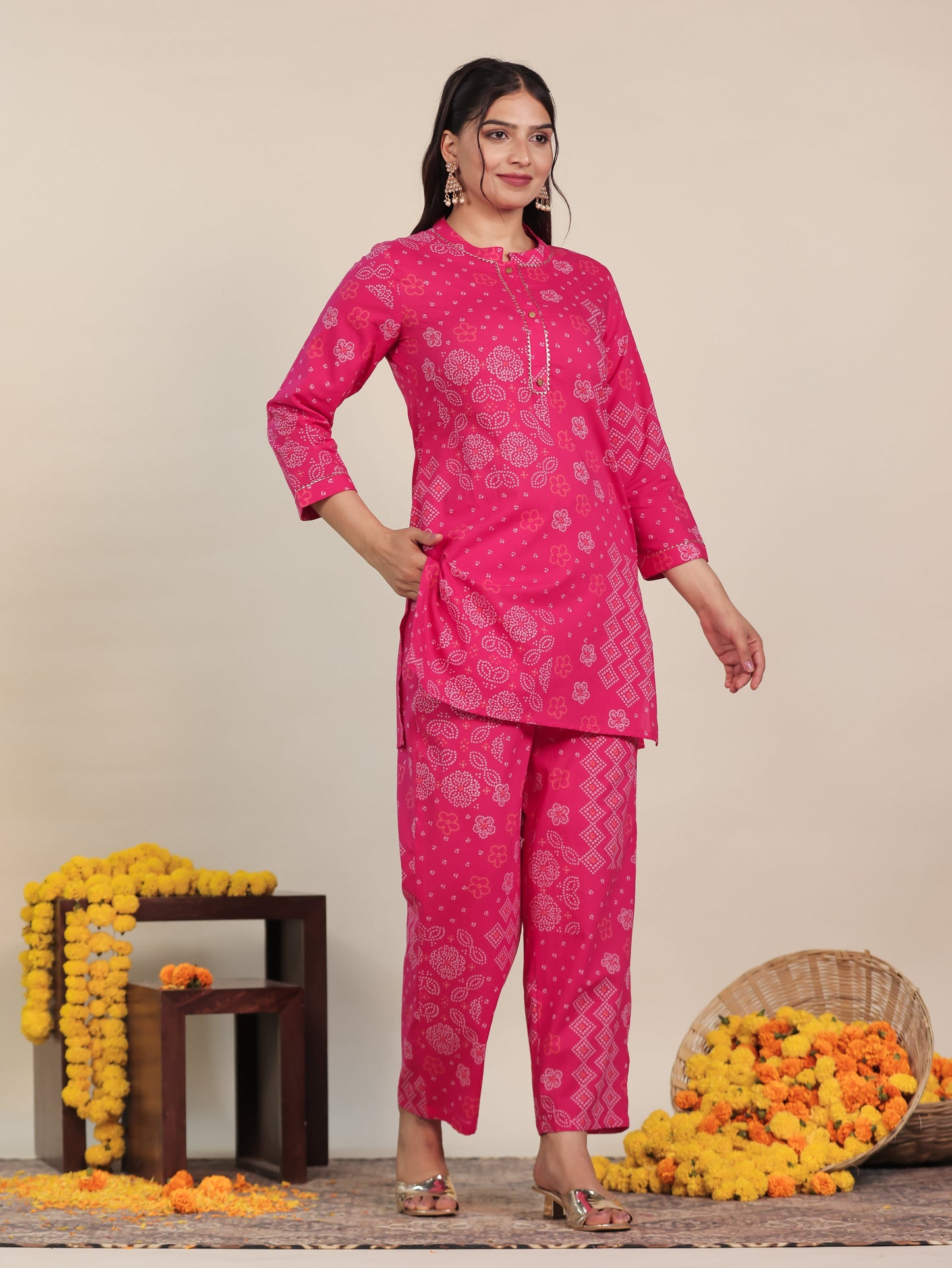 Soft Cotton Bandhani Straight Pink Kurta