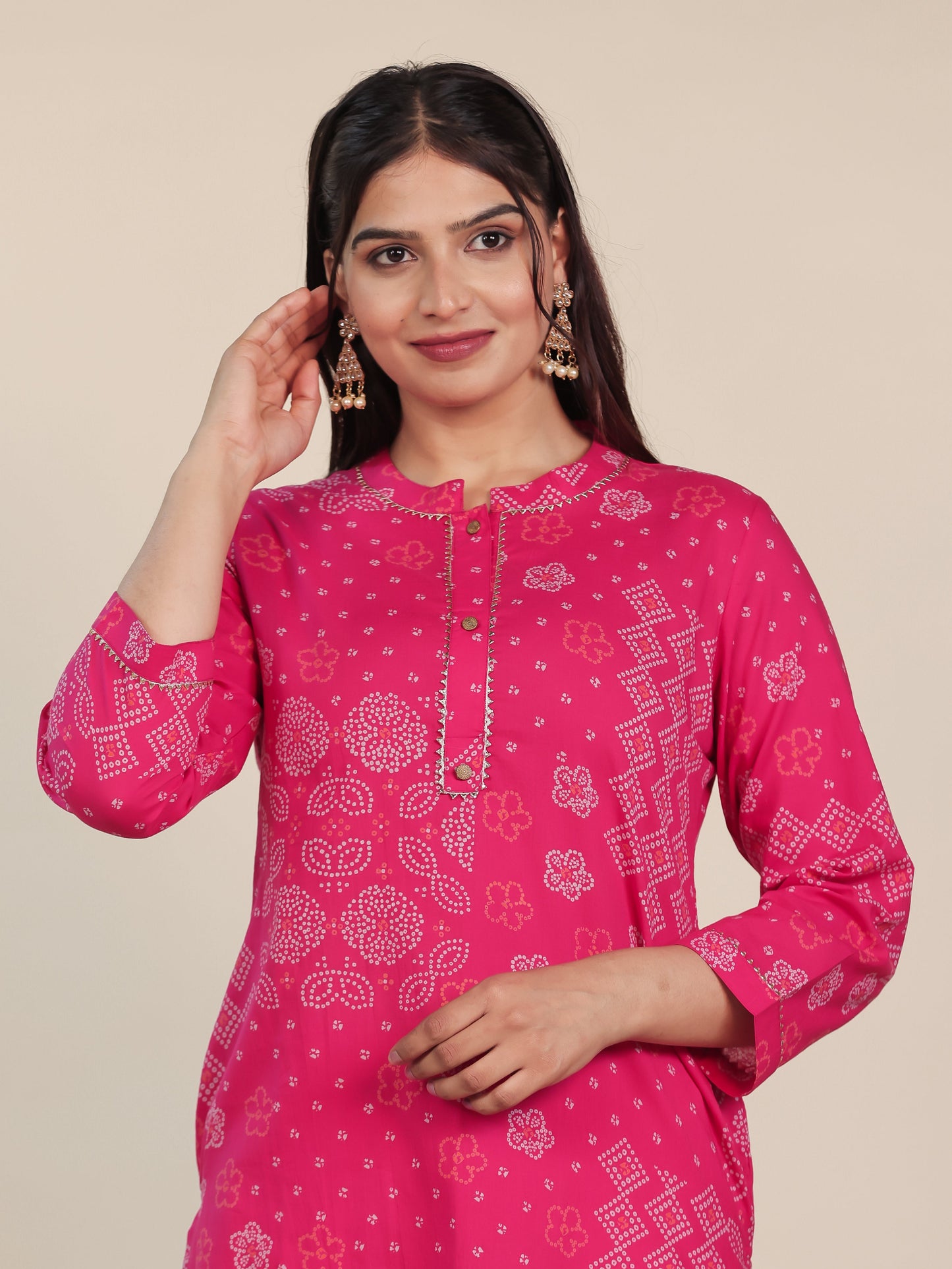 Soft Cotton Bandhani Straight Pink Kurta