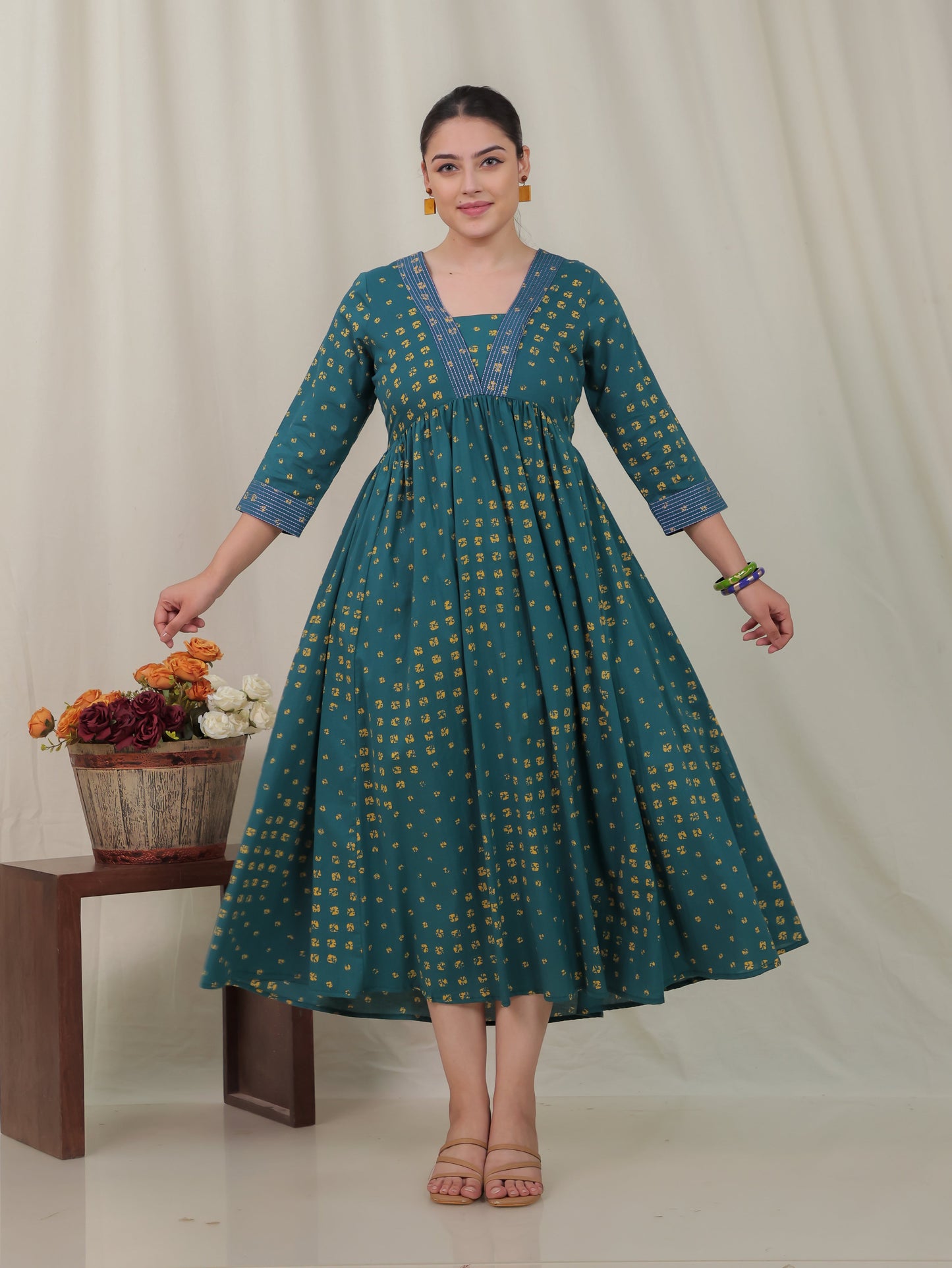 Embroidered Soft Cotton Bandhani Gathered Green Dress