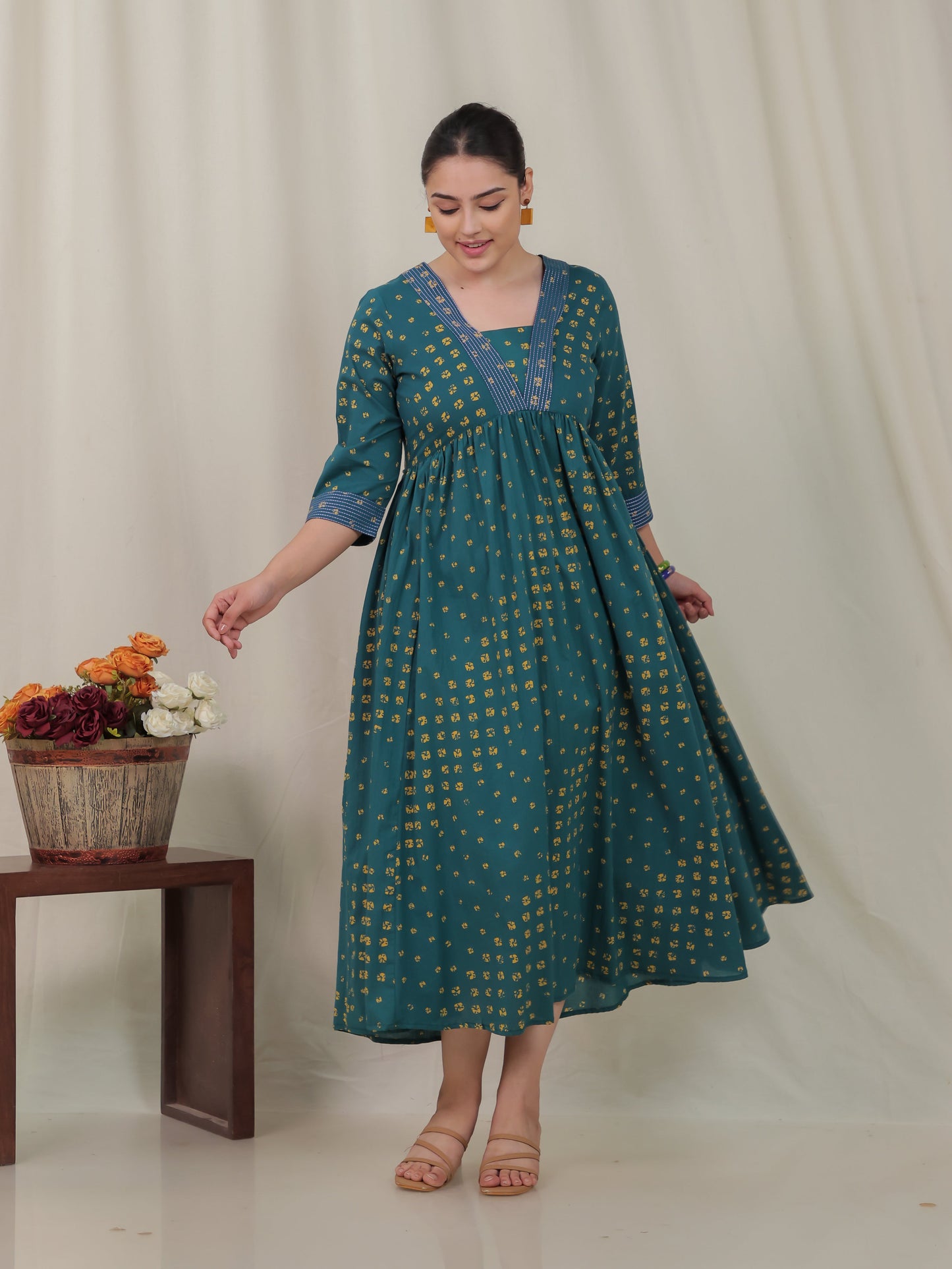 Embroidered Soft Cotton Bandhani Gathered Green Dress