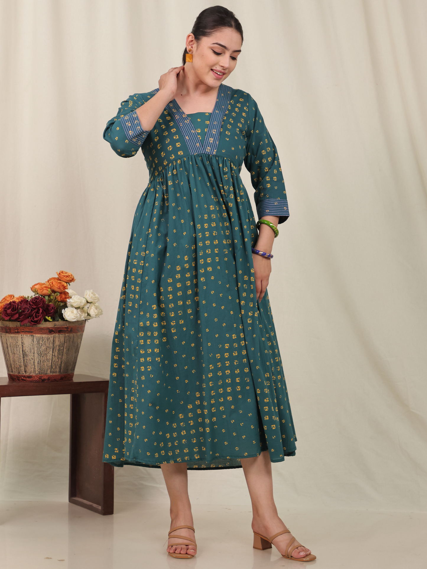 Embroidered Soft Cotton Bandhani Gathered Green Dress