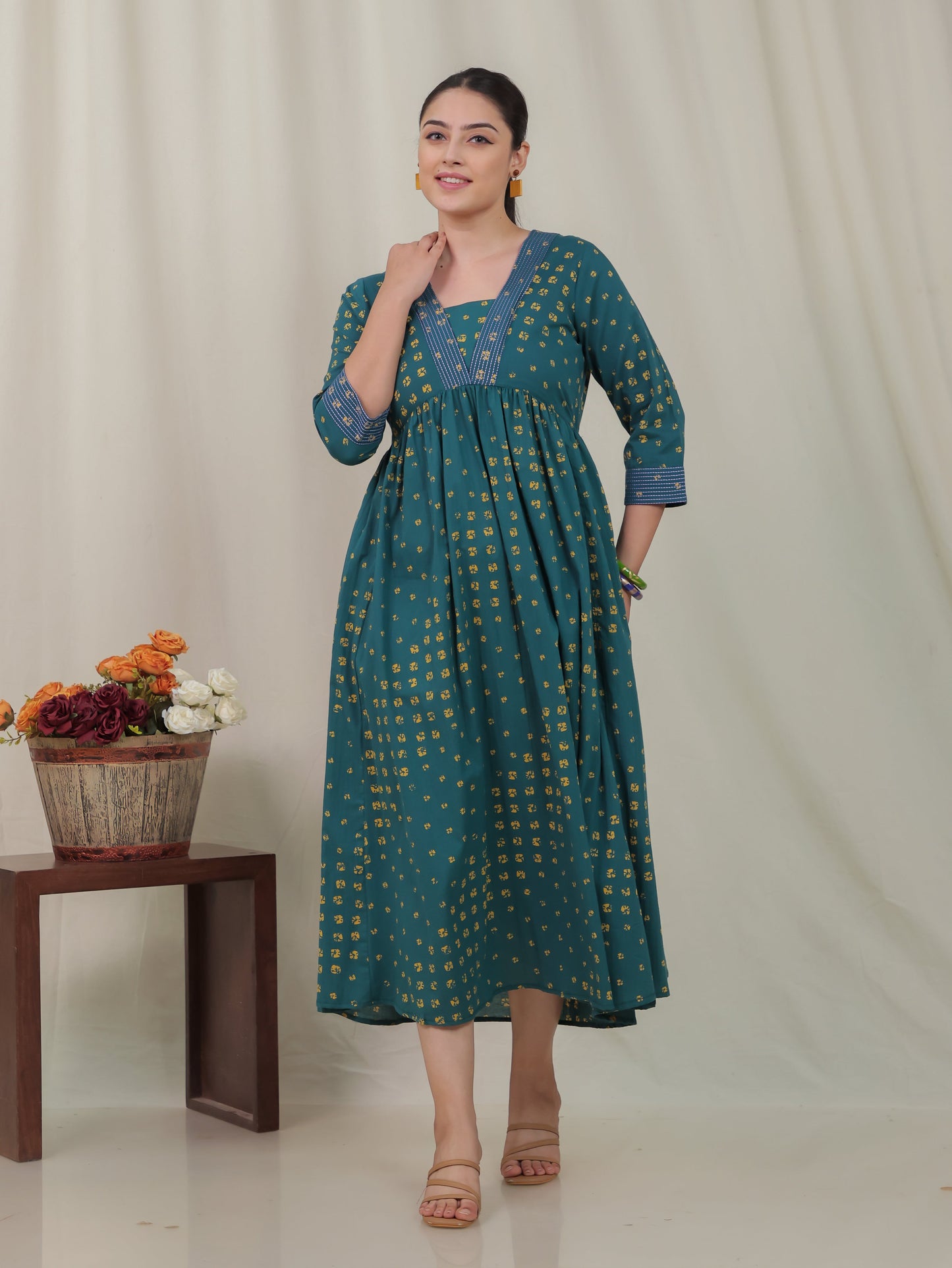 Embroidered Soft Cotton Bandhani Gathered Green Dress