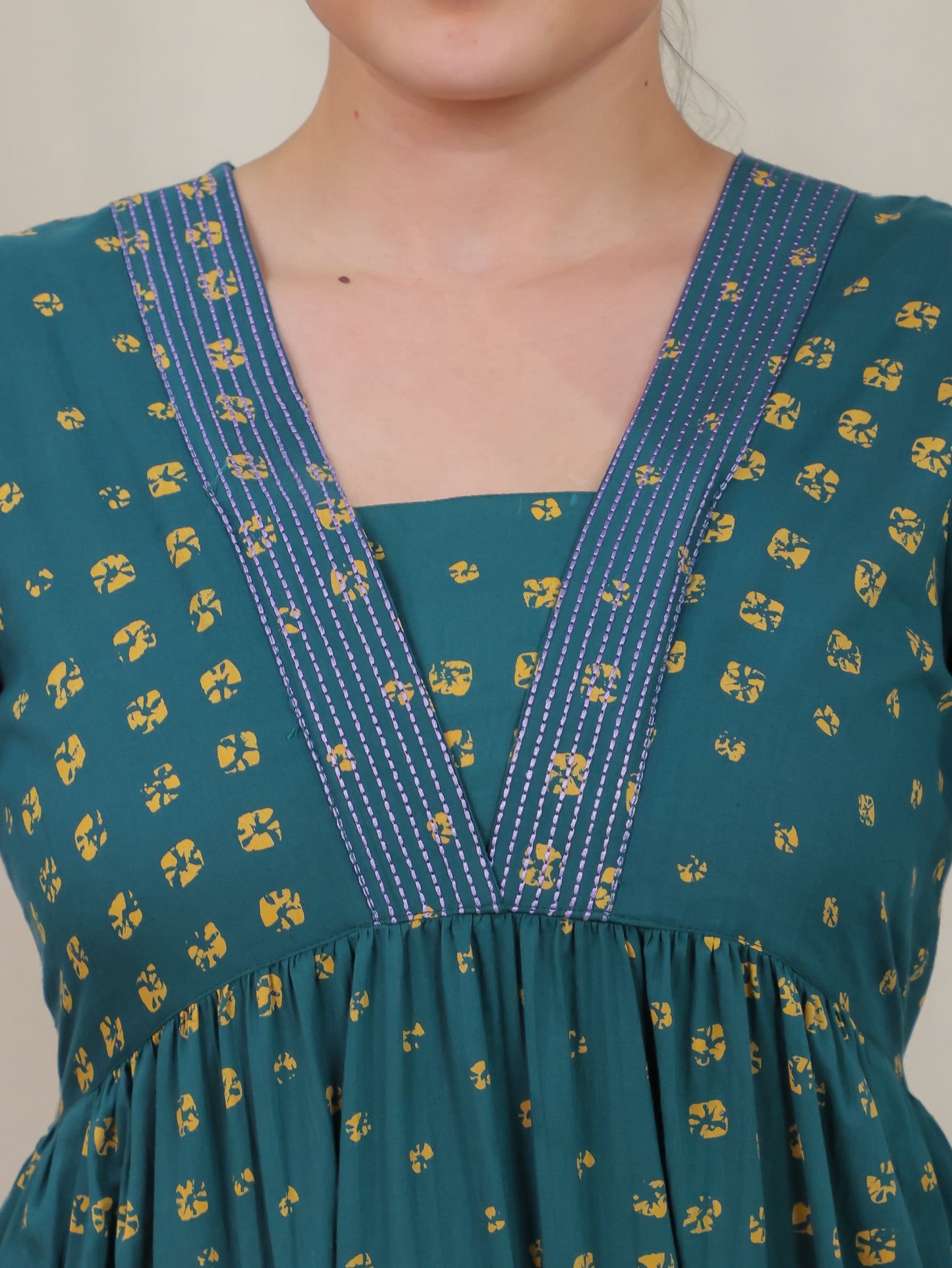 Embroidered Soft Cotton Bandhani Gathered Green Dress