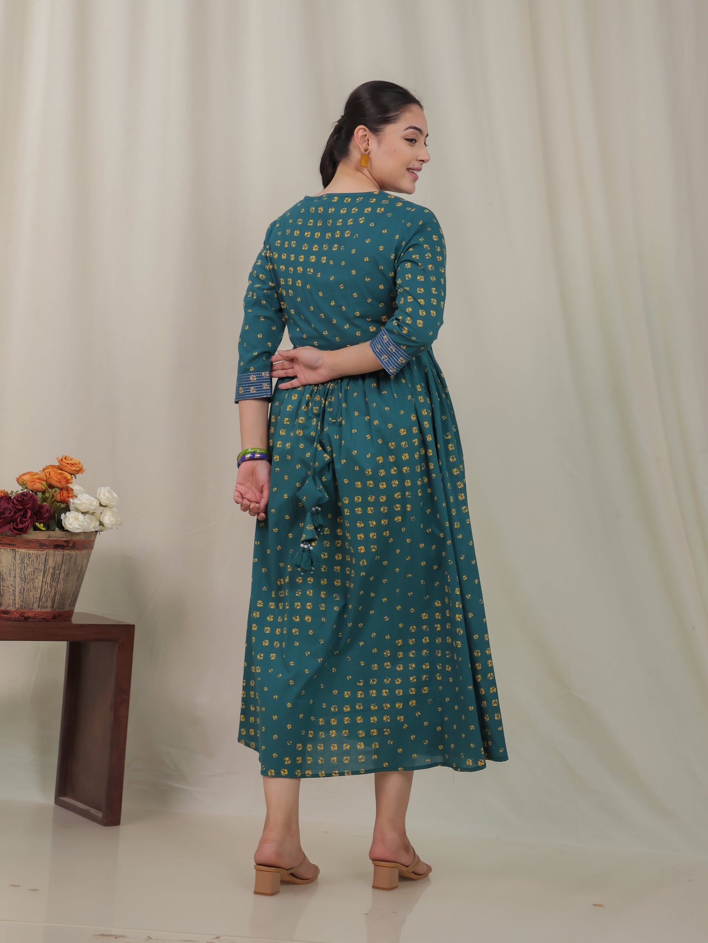 Embroidered Soft Cotton Bandhani Gathered Green Dress