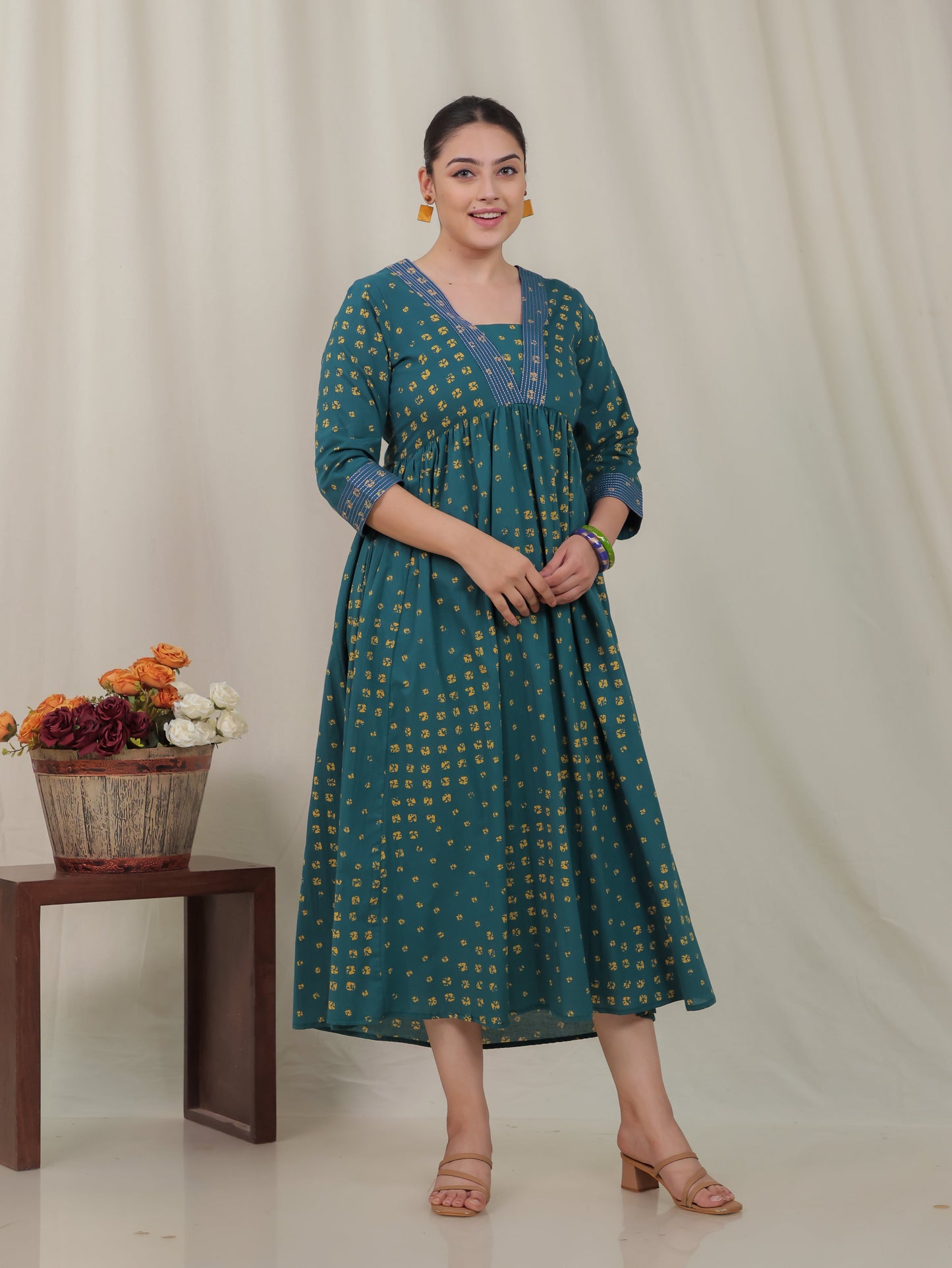 Embroidered Soft Cotton Bandhani Gathered Green Dress
