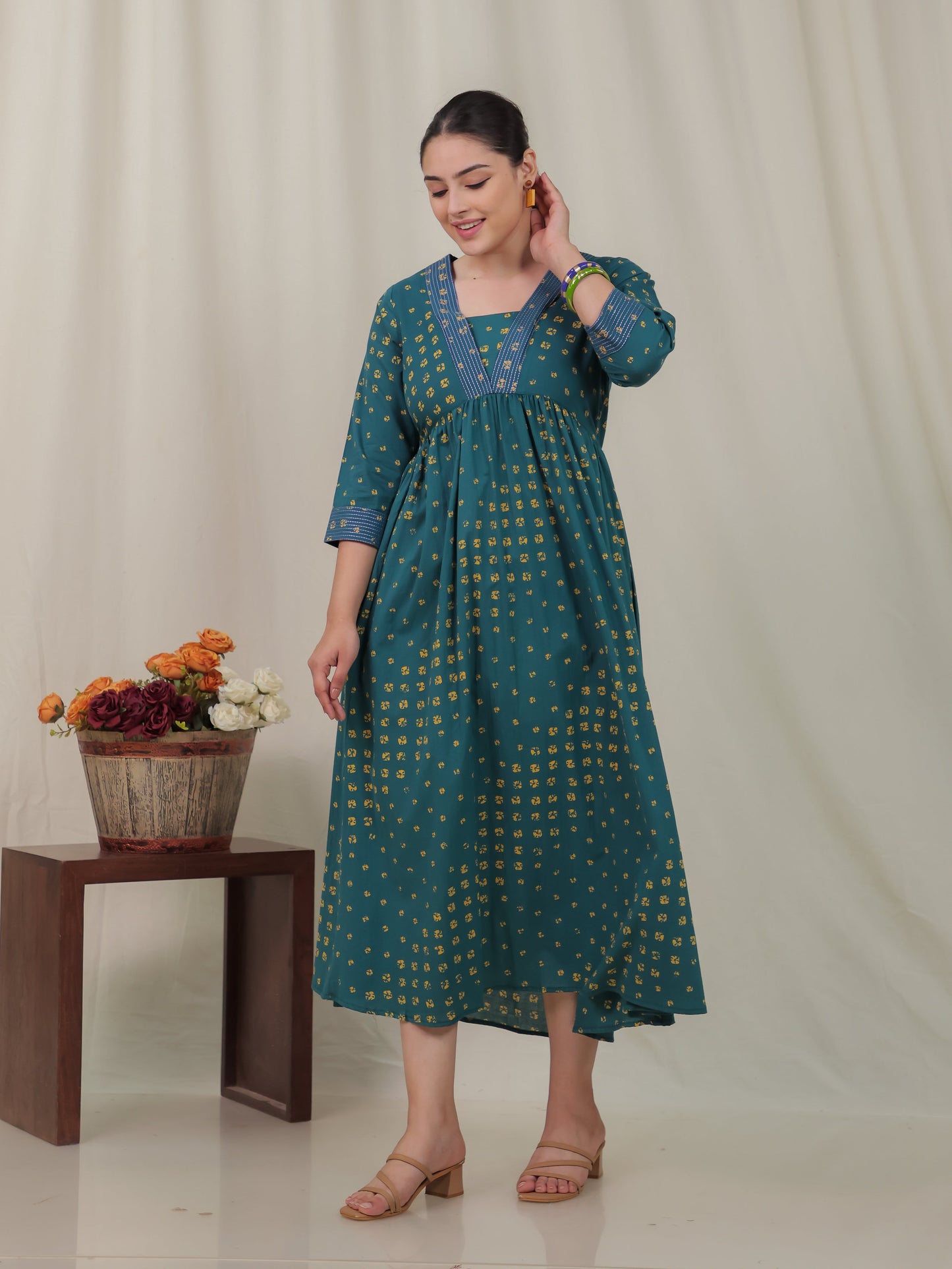 Embroidered Soft Cotton Bandhani Gathered Green Dress