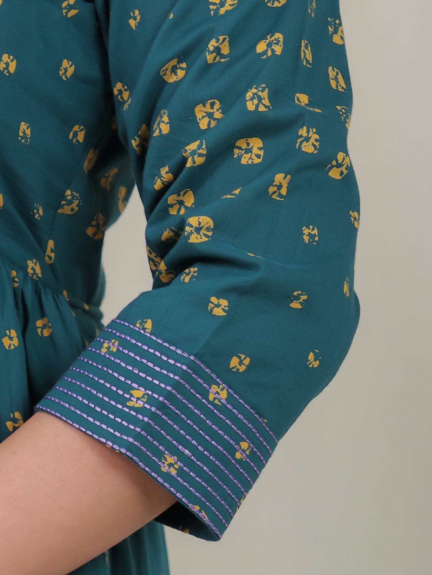 Embroidered Soft Cotton Bandhani Gathered Green Dress