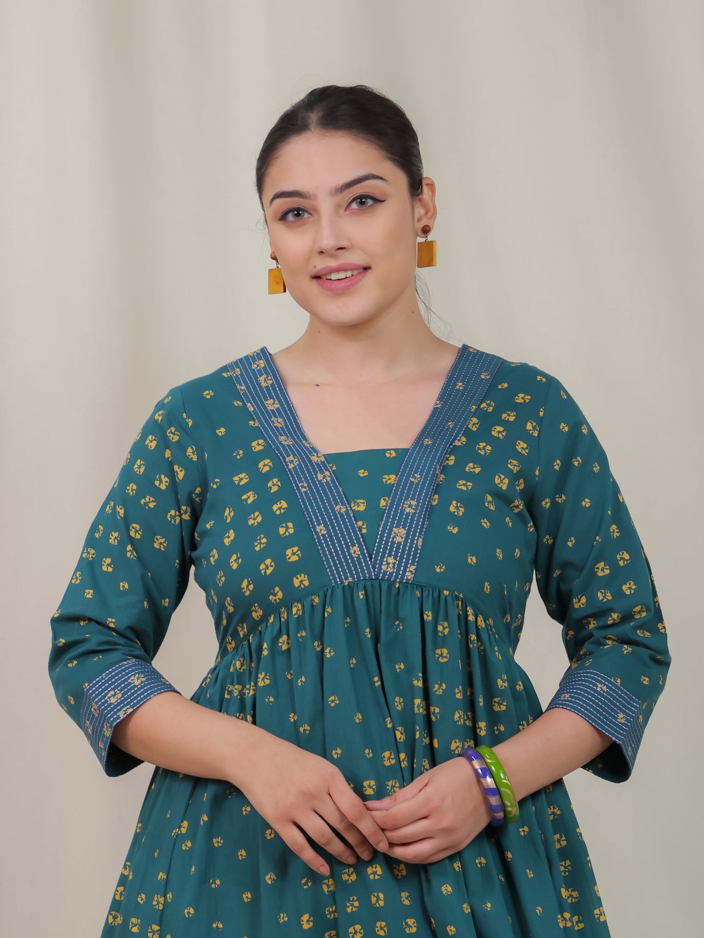 Embroidered Soft Cotton Bandhani Gathered Green Dress