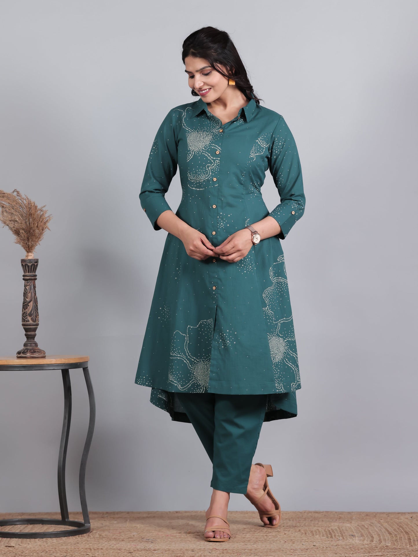 Soft Cotton Bandhani High Low Teal Kurta