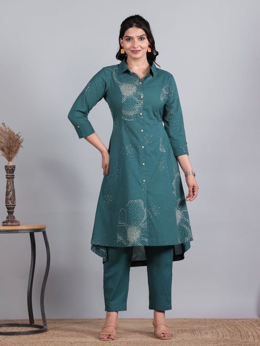 Soft Cotton Bandhani High Low Teal Kurta