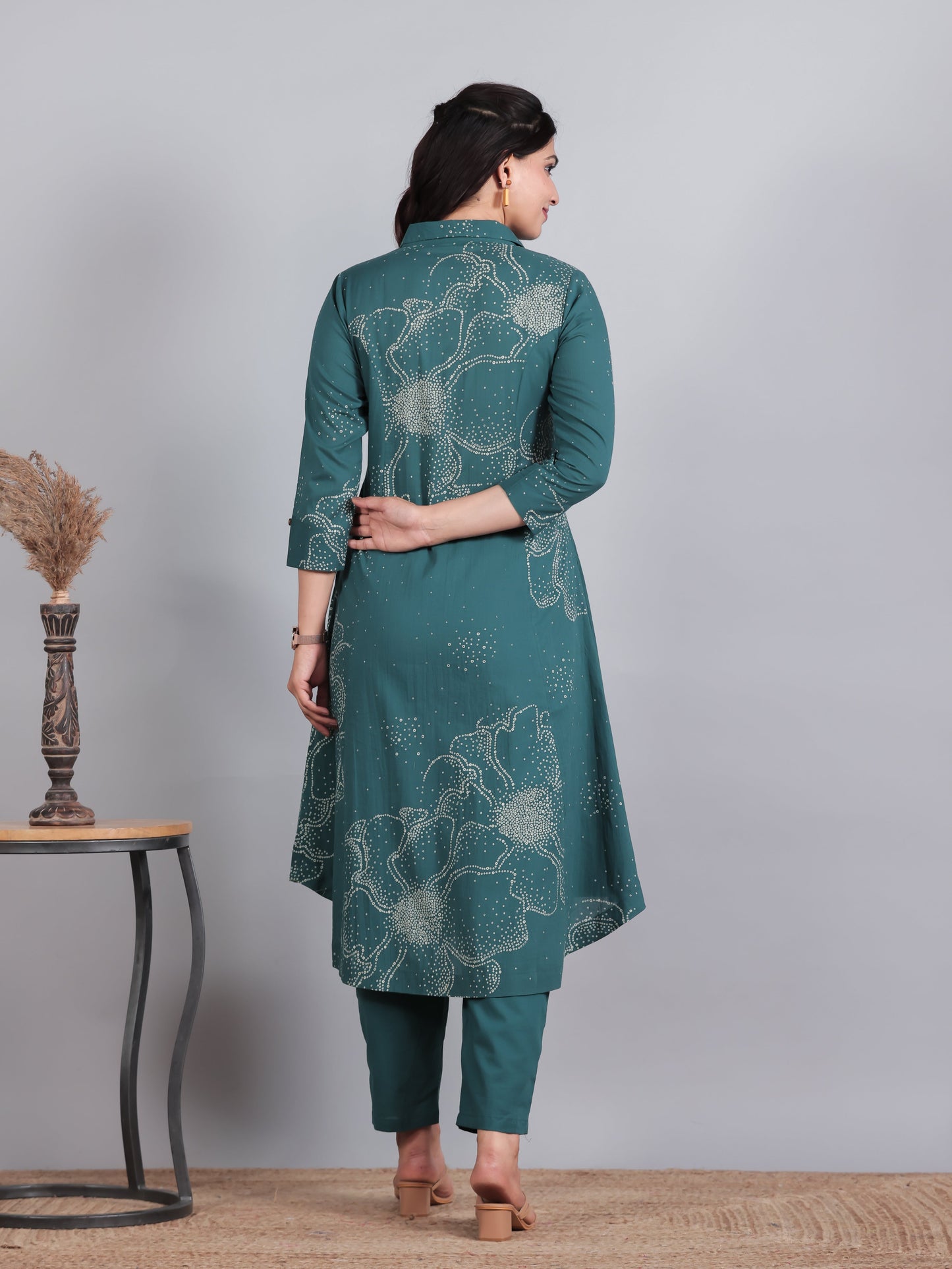 Soft Cotton Bandhani High Low Teal Kurta