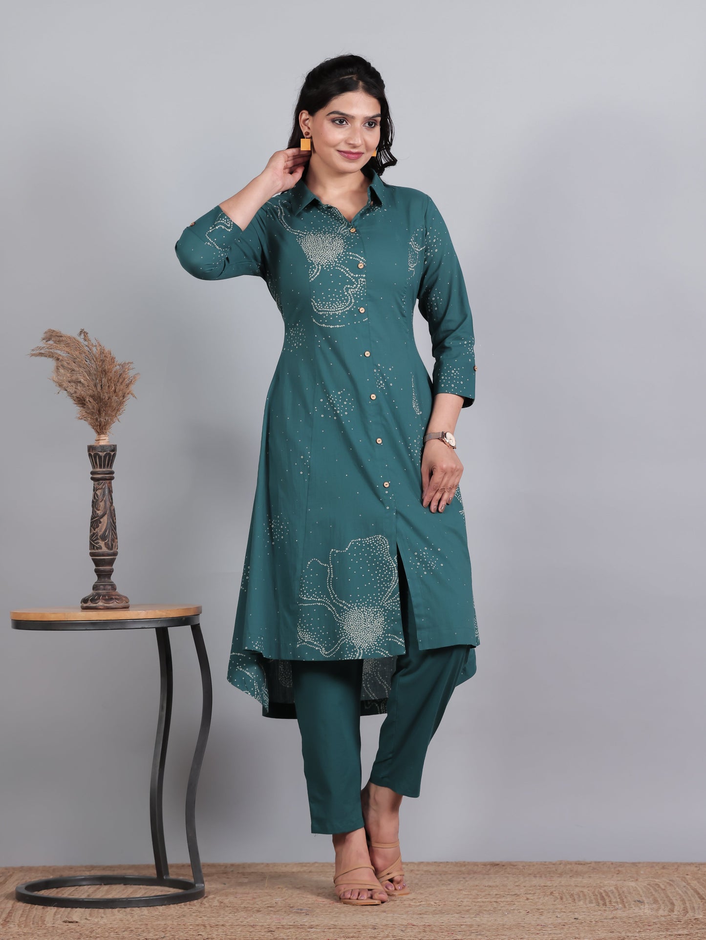 Soft Cotton Bandhani High Low Teal Kurta