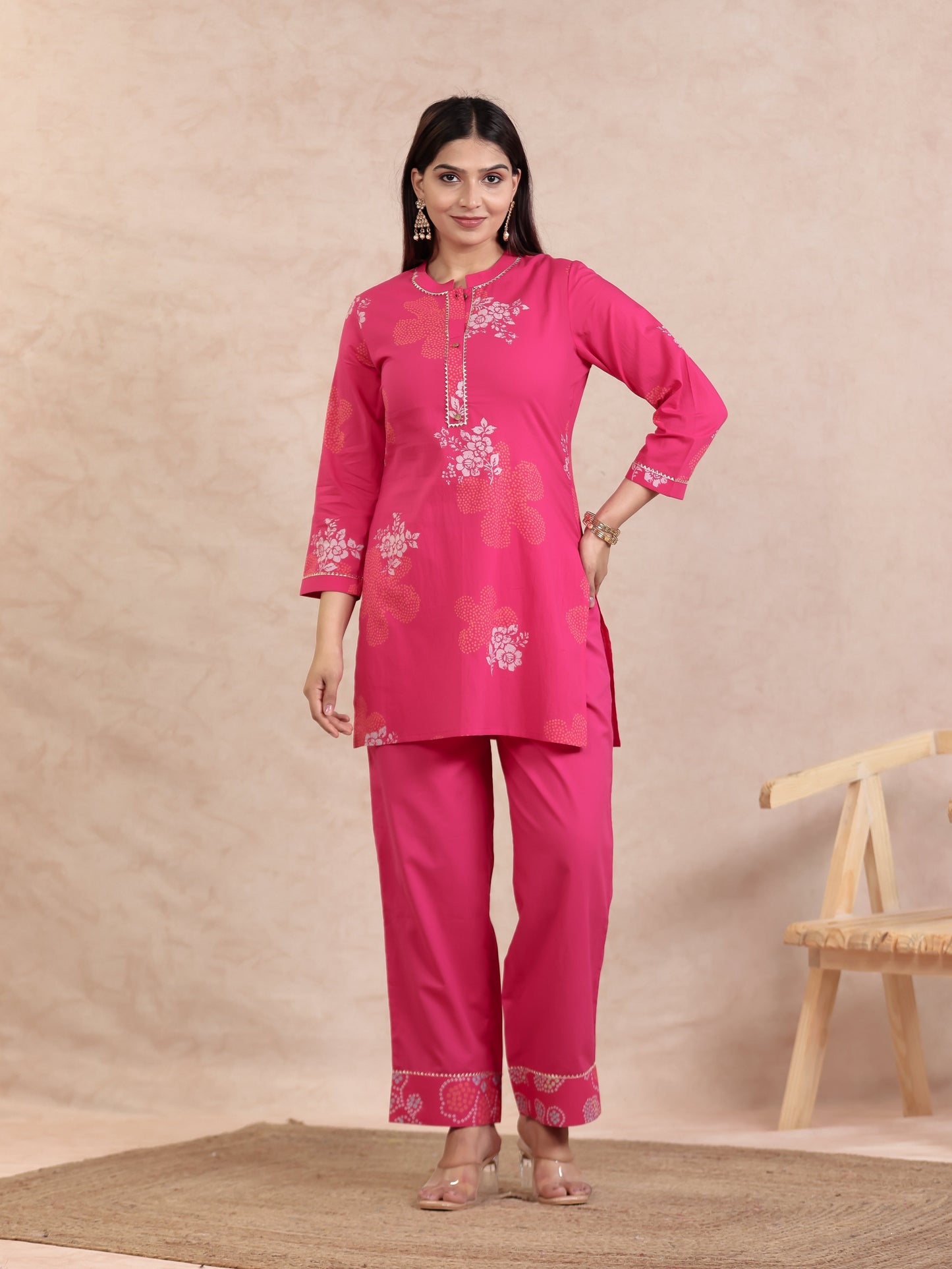 Soft Cotton Bandhani Straight Pink Kurta