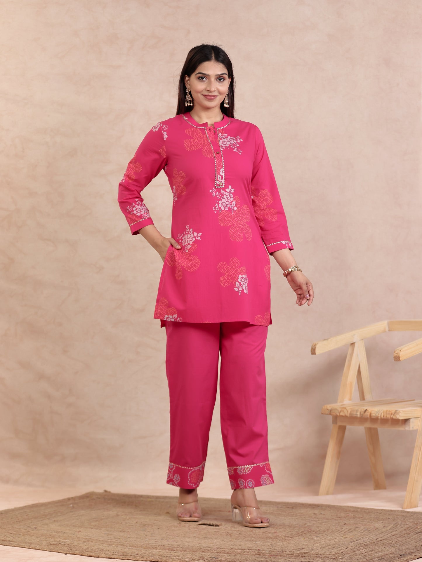 Soft Cotton Bandhani Straight Pink Kurta