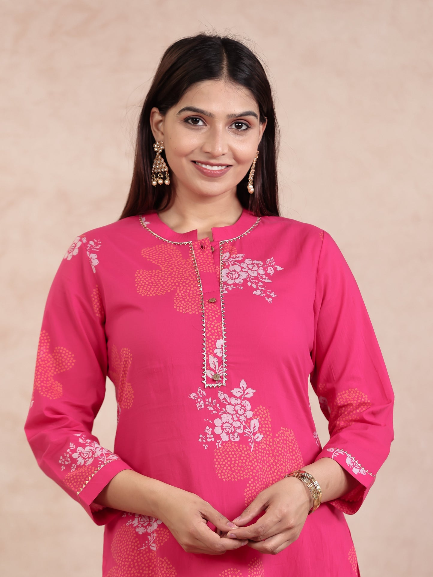 Soft Cotton Bandhani Straight Pink Kurta
