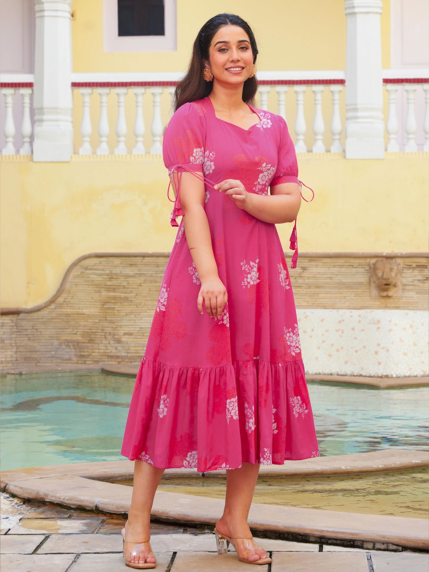 Soft Cotton Bandhani Flared Pink Dress