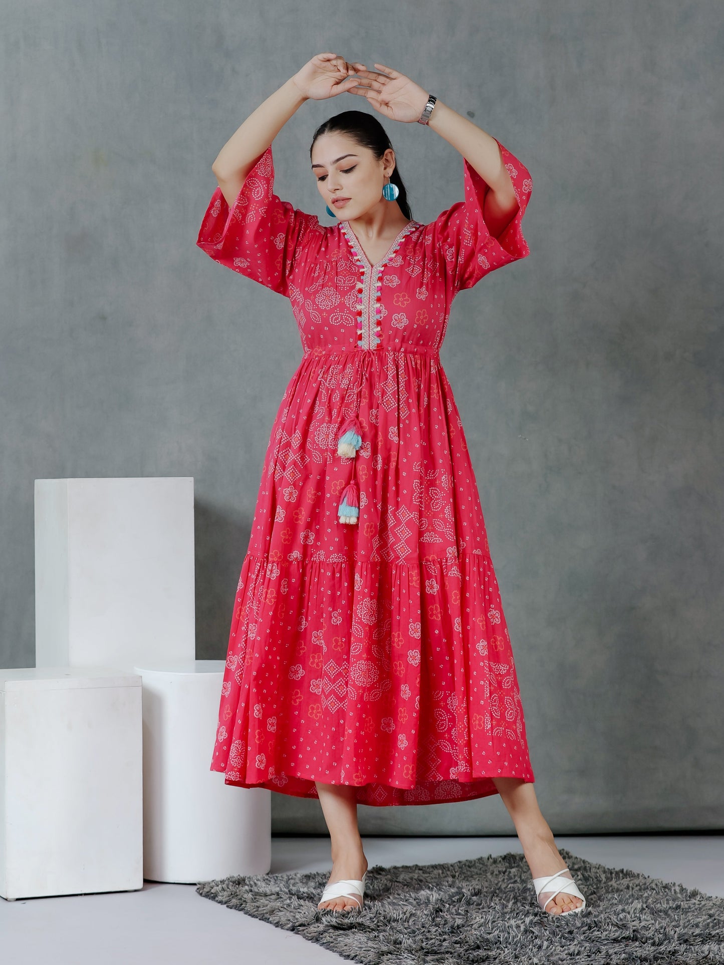 Soft Cotton Bandhani Gathered Pink Dress