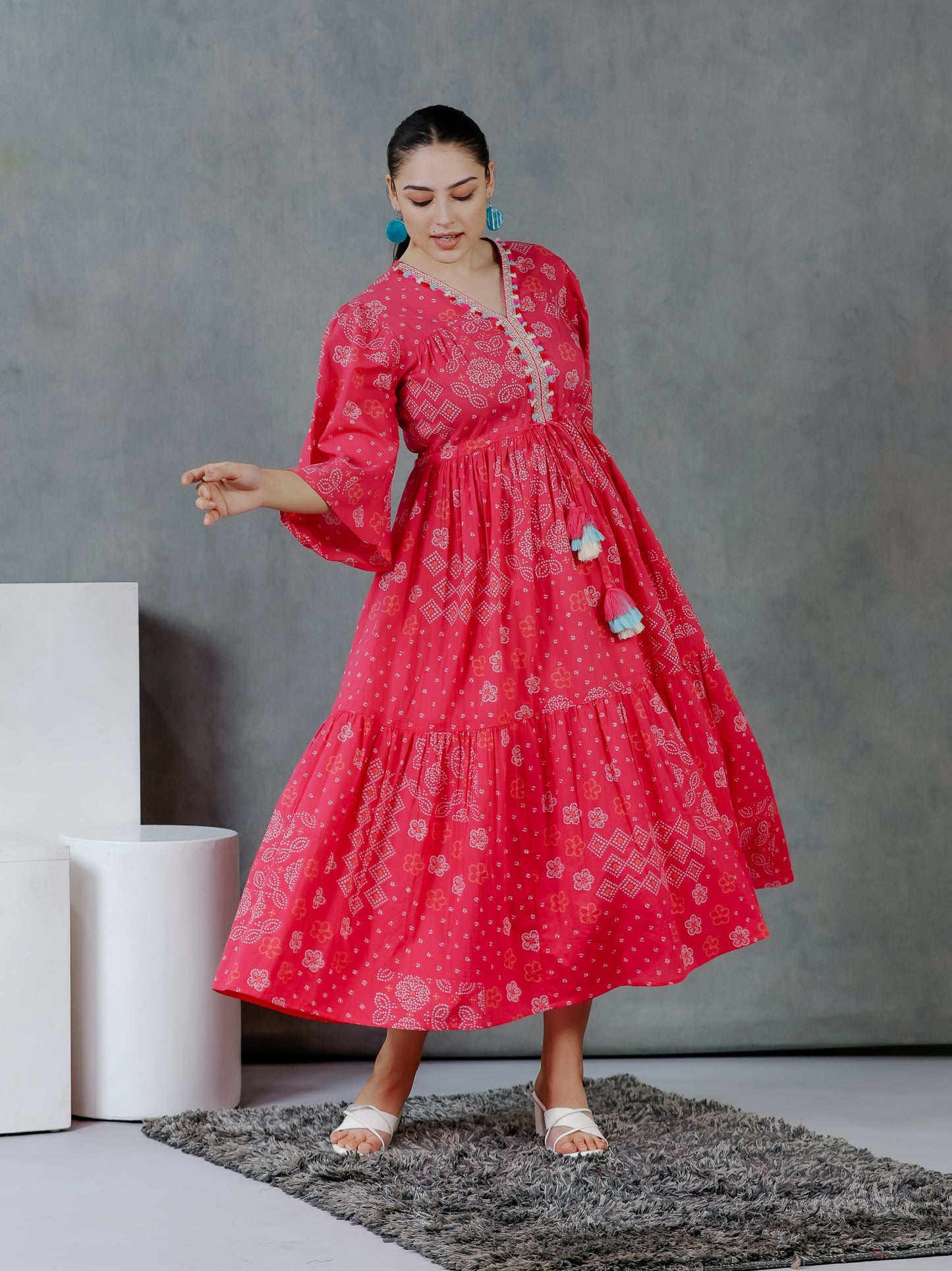 Soft Cotton Bandhani Gathered Pink Dress