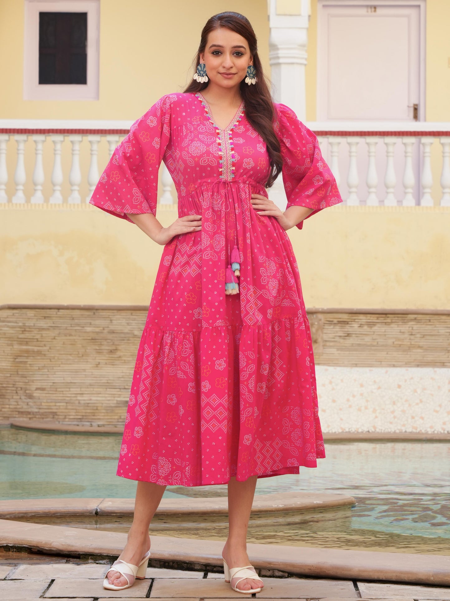 Soft Cotton Bandhani Gathered Pink Dress