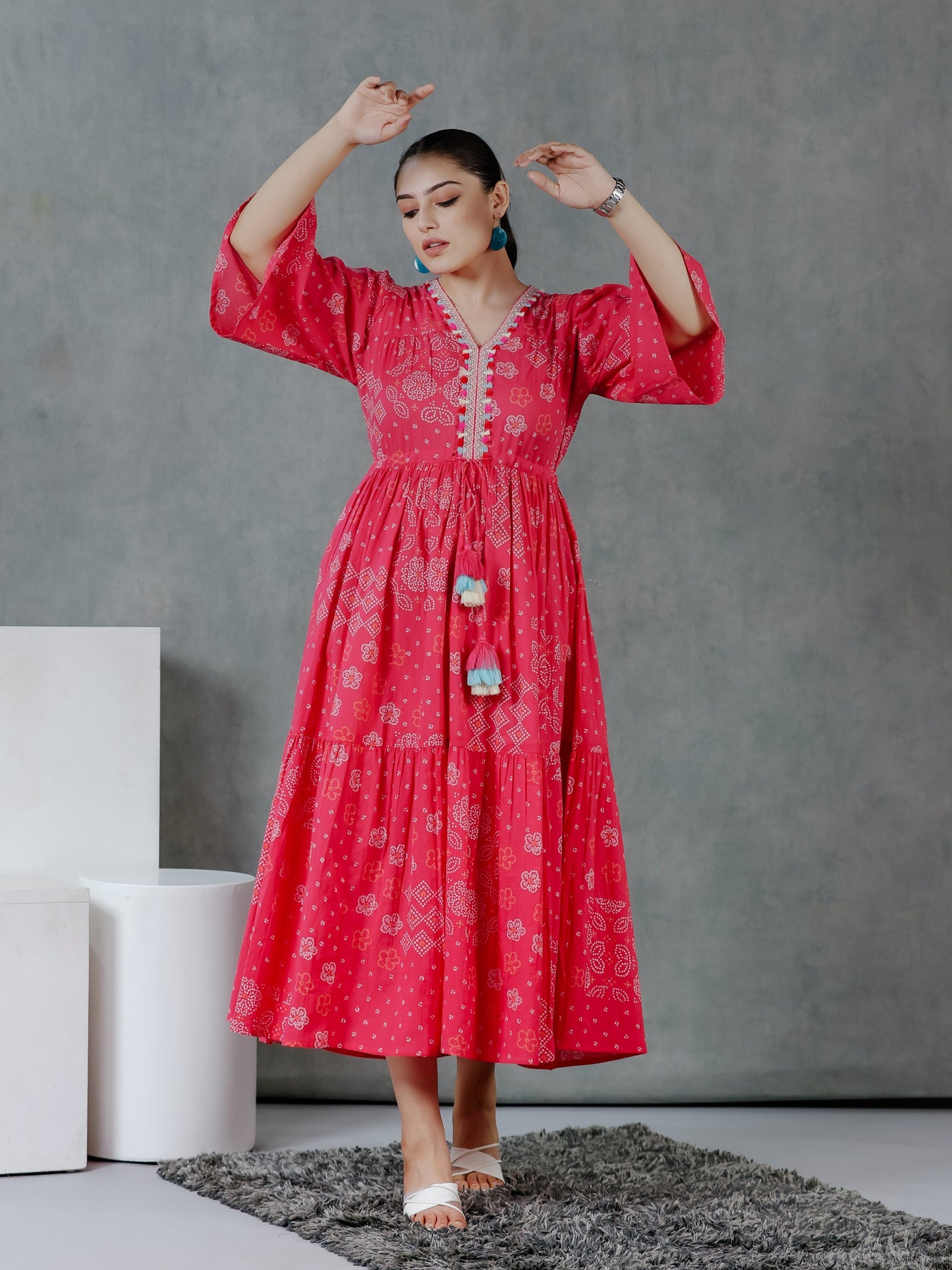 Soft Cotton Bandhani Gathered Pink Dress