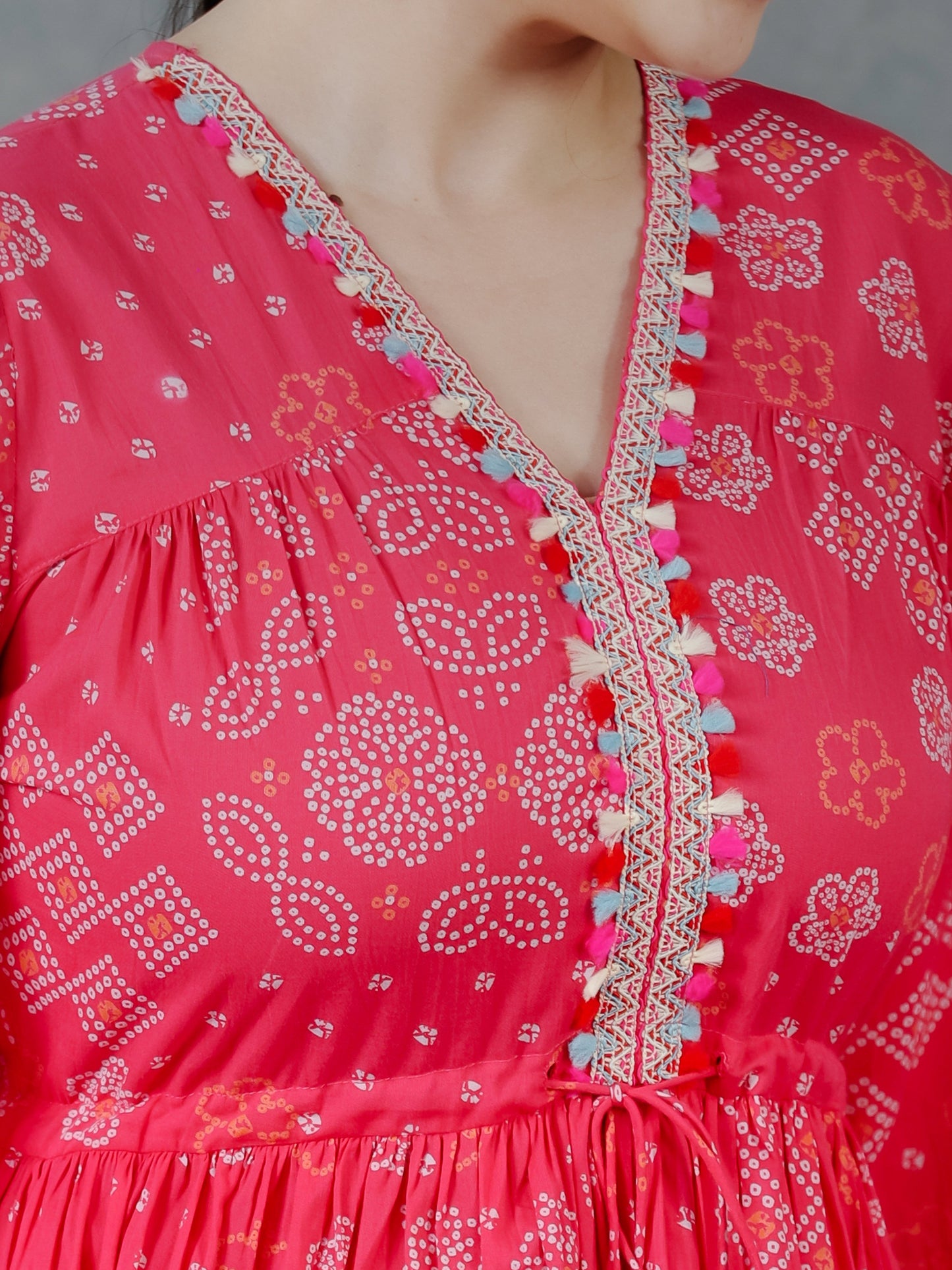 Soft Cotton Bandhani Gathered Pink Dress