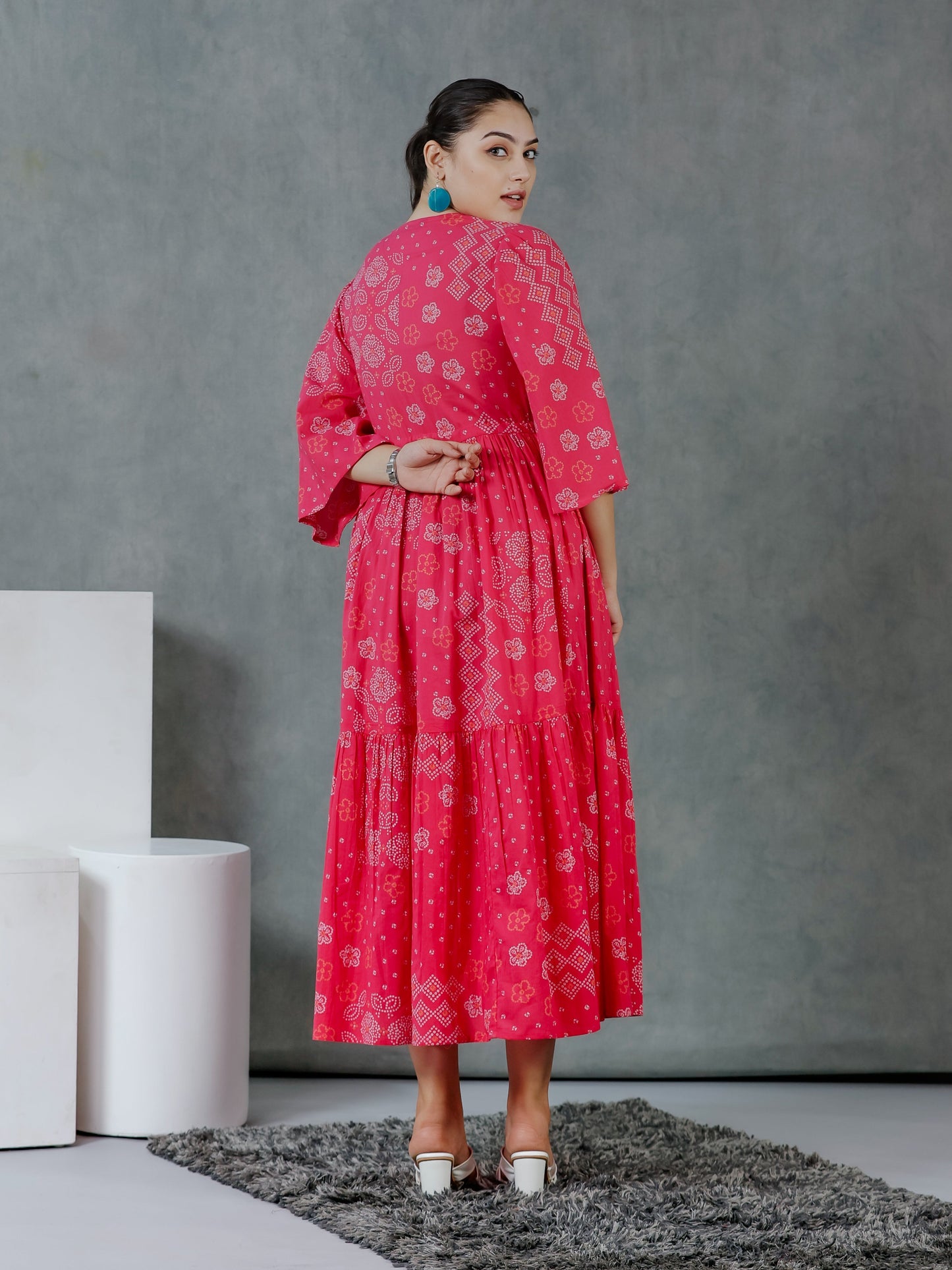 Soft Cotton Bandhani Gathered Pink Dress