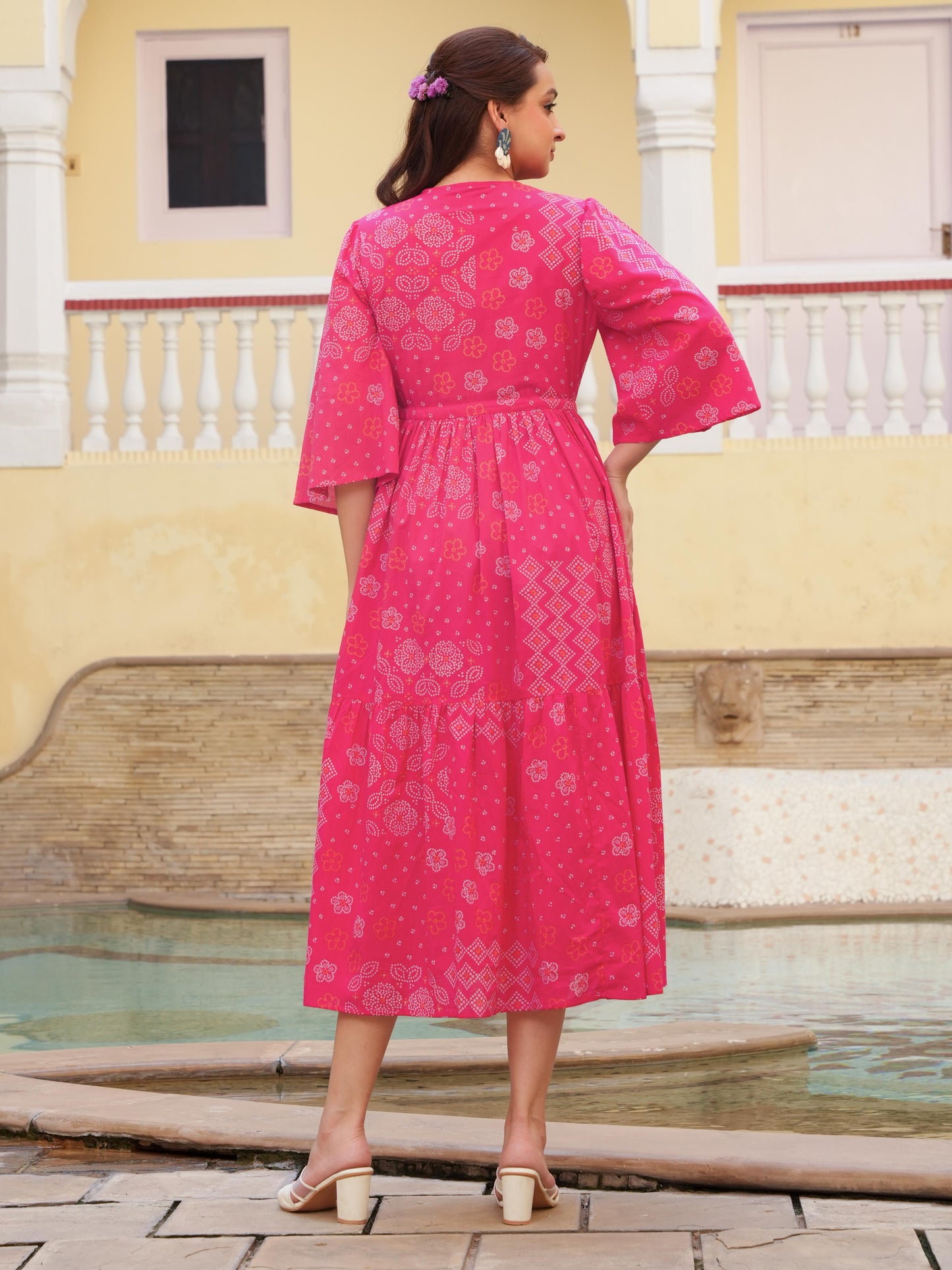 Soft Cotton Bandhani Gathered Pink Dress