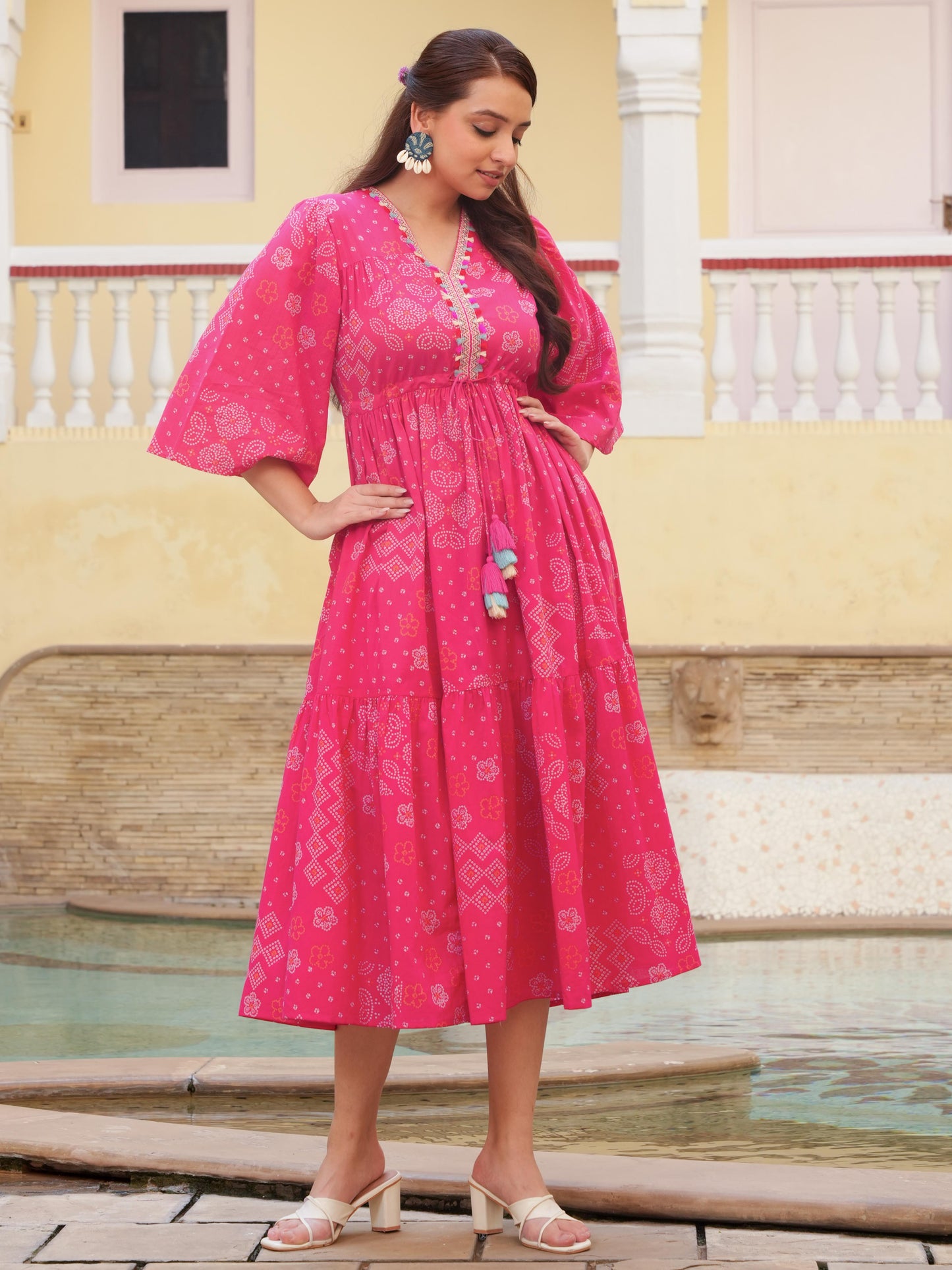 Soft Cotton Bandhani Gathered Pink Dress