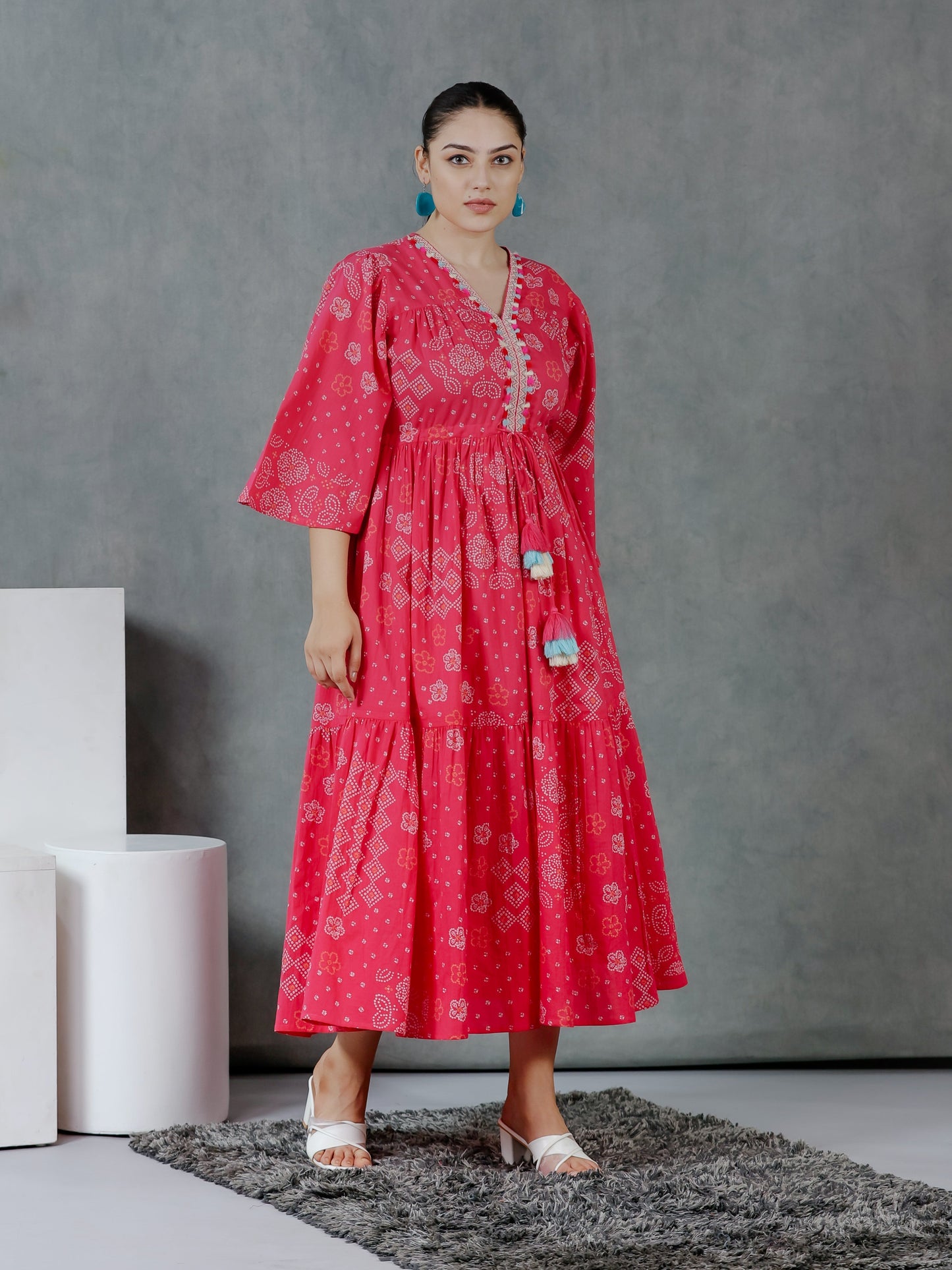 Soft Cotton Bandhani Gathered Pink Dress
