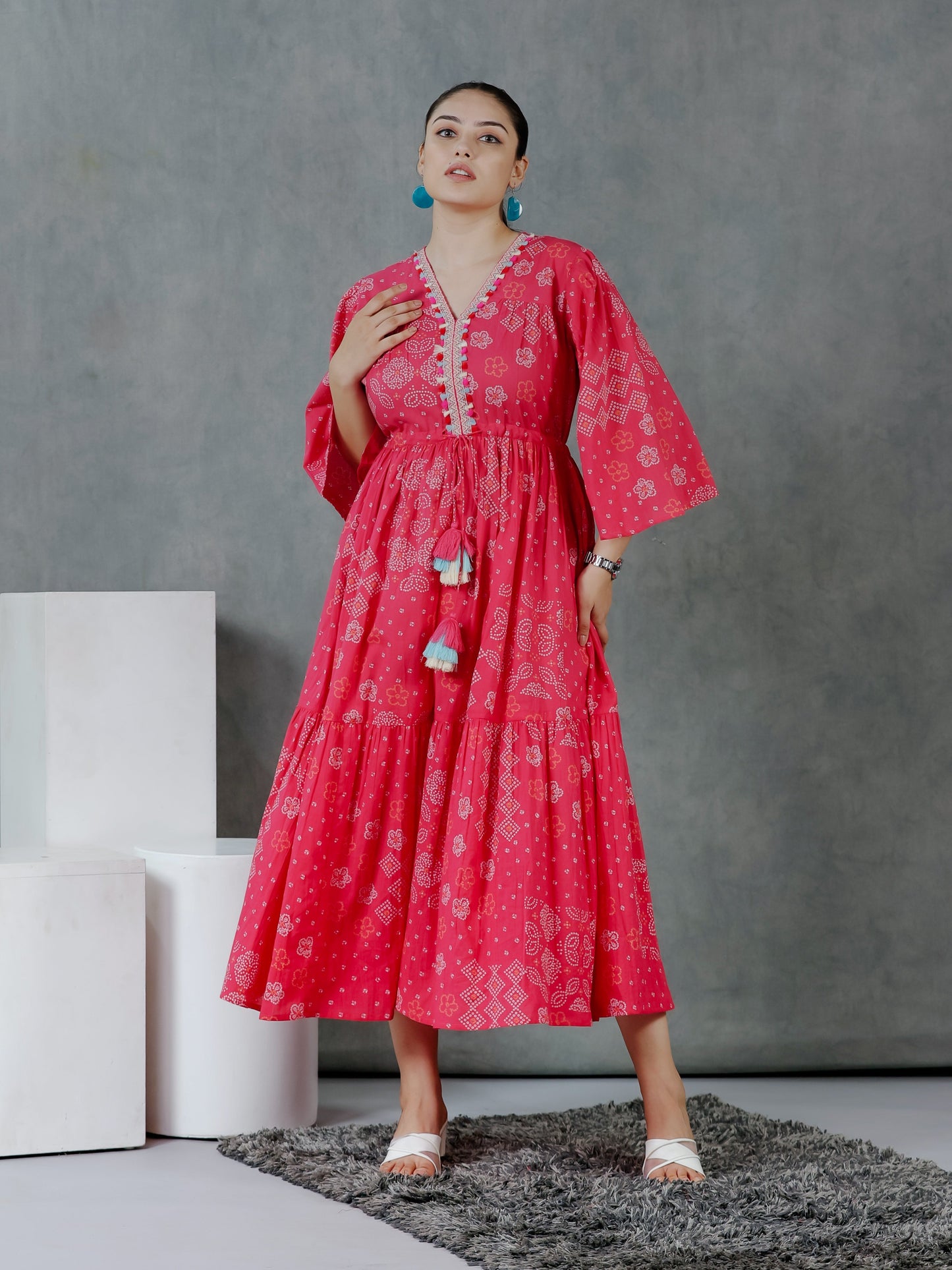 Soft Cotton Bandhani Gathered Pink Dress