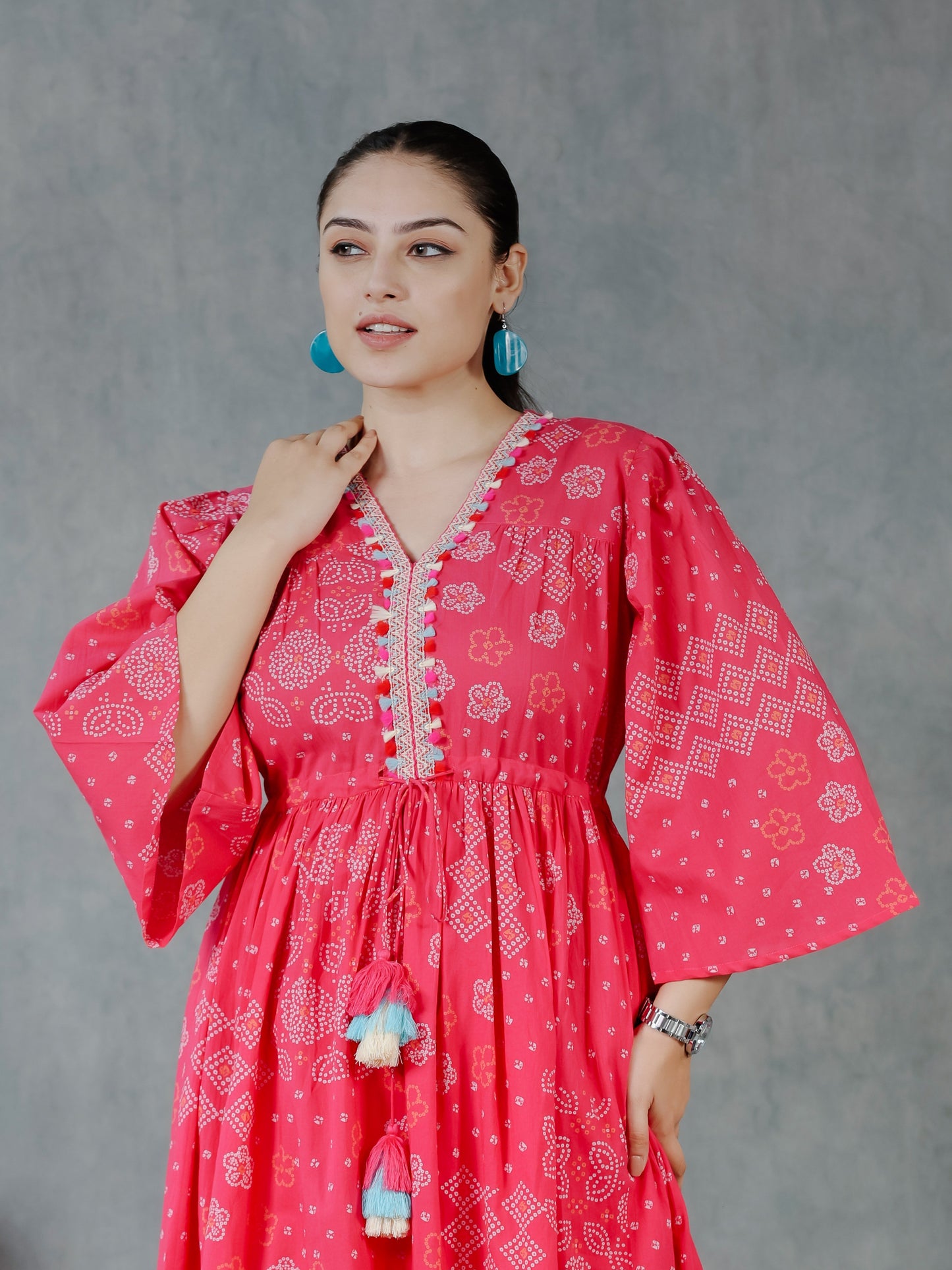Soft Cotton Bandhani Gathered Pink Dress