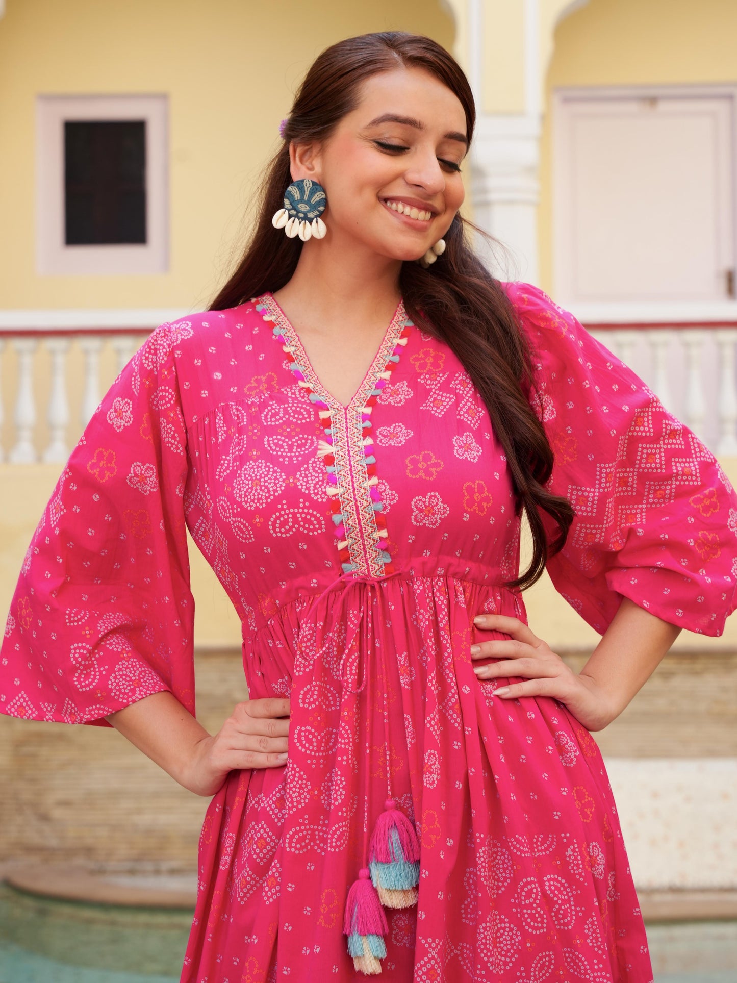 Soft Cotton Bandhani Gathered Pink Dress