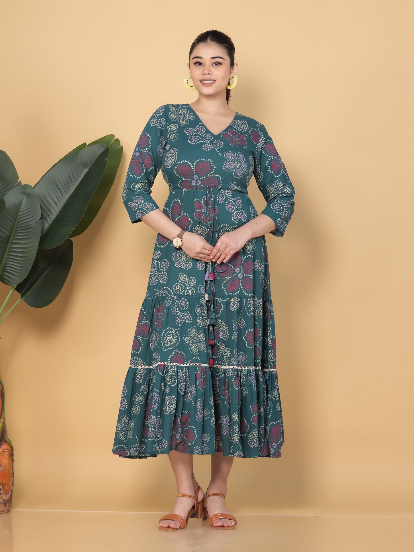 Soft Cotton Bandhani Anarkali Green Dress