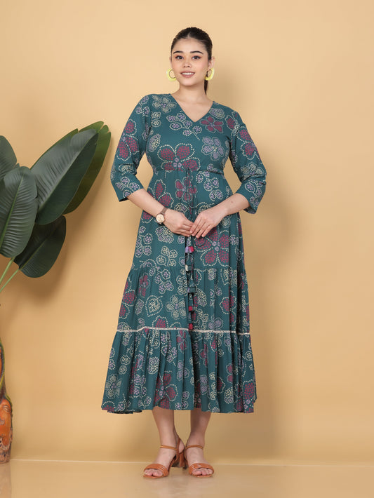 Soft Cotton Bandhani Anarkali Green Dress