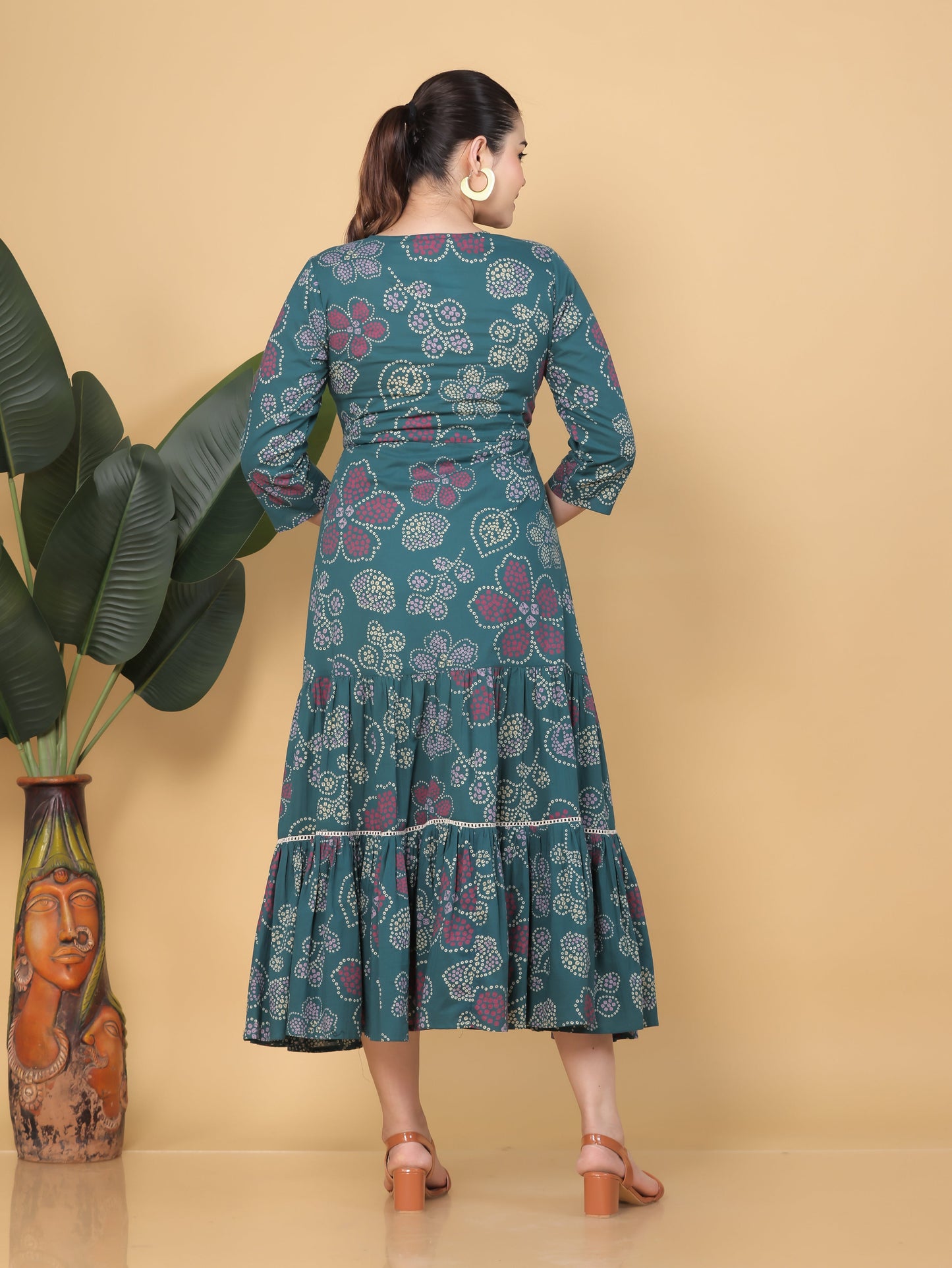 Soft Cotton Bandhani Anarkali Green Dress