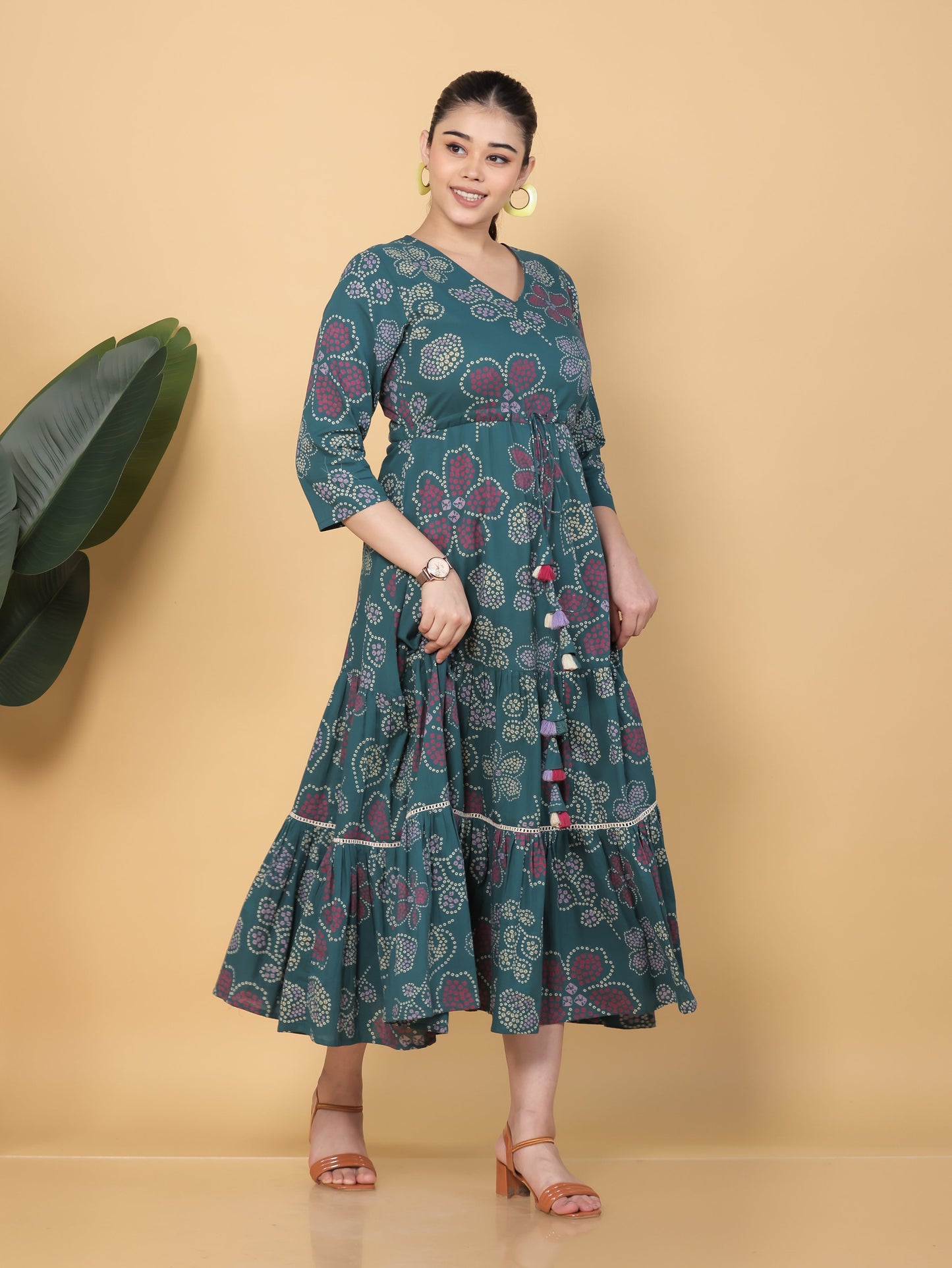Soft Cotton Bandhani Anarkali Green Dress