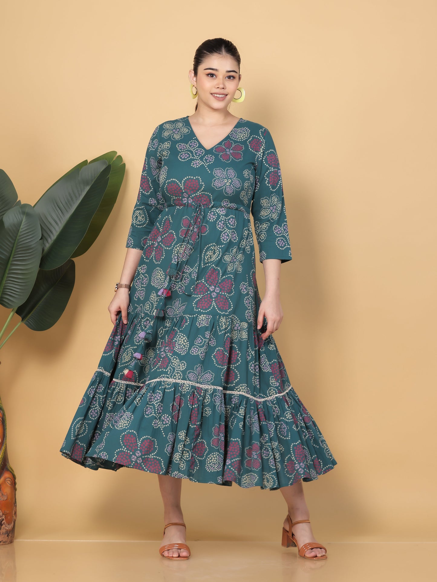 Soft Cotton Bandhani Anarkali Green Dress