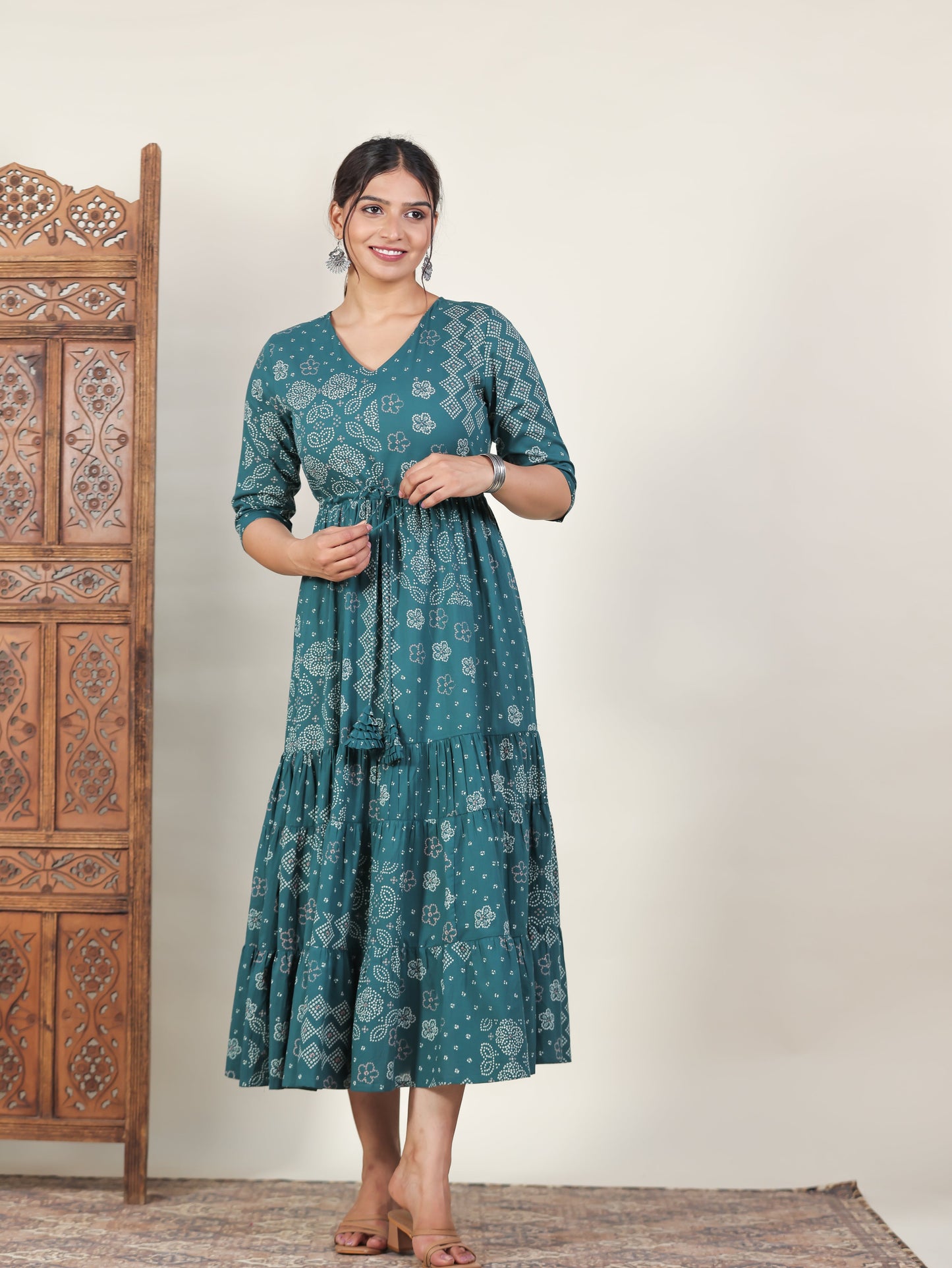 Soft Cotton Bandhani Anarkali Green Dress