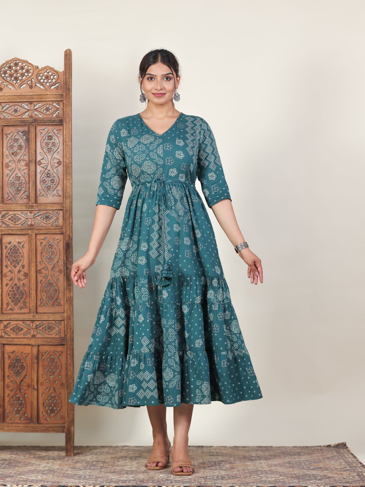 Soft Cotton Bandhani Anarkali Green Dress