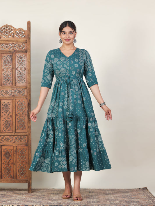 Soft Cotton Bandhani Anarkali Green Dress