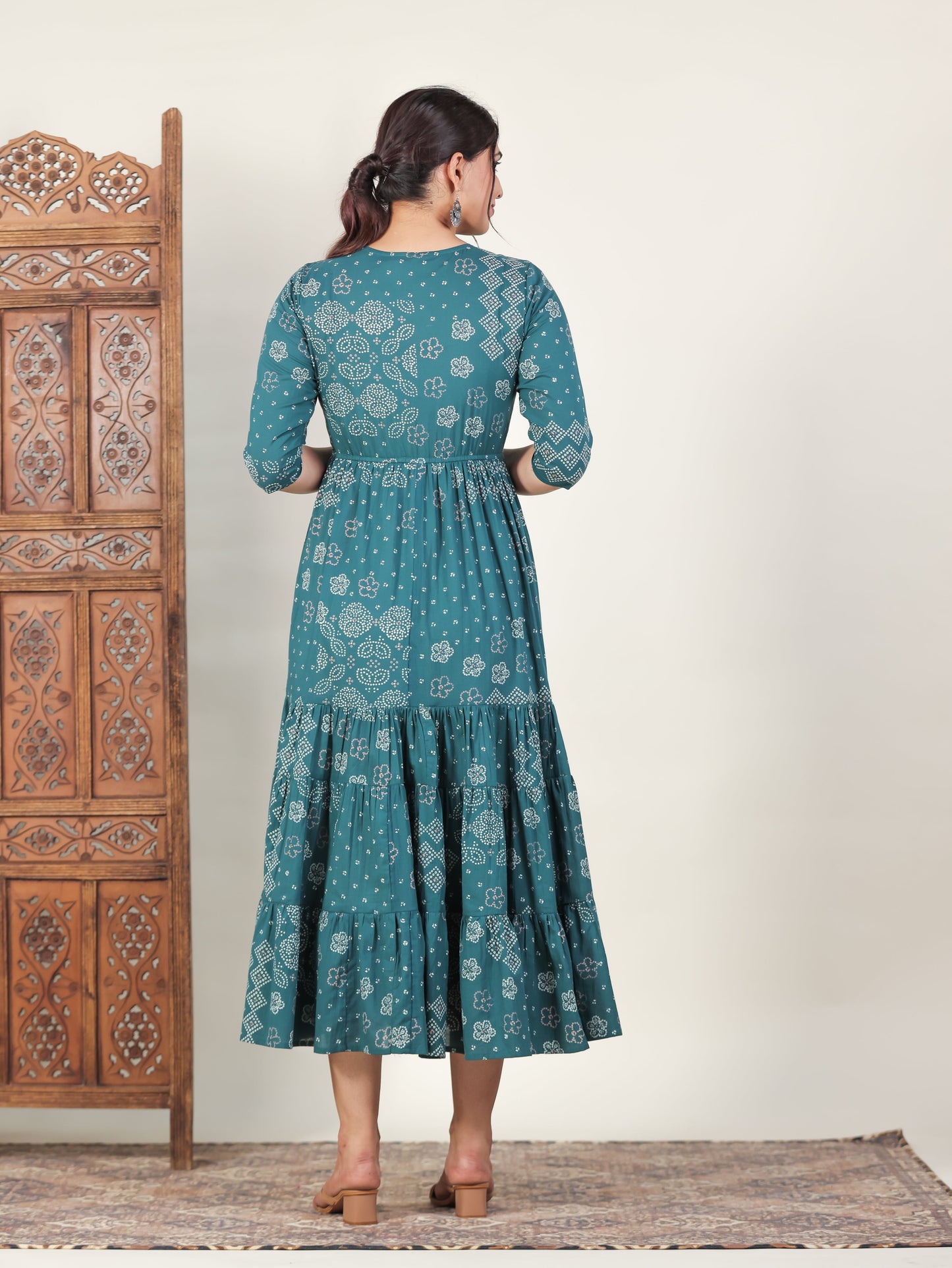 Soft Cotton Bandhani Anarkali Green Dress